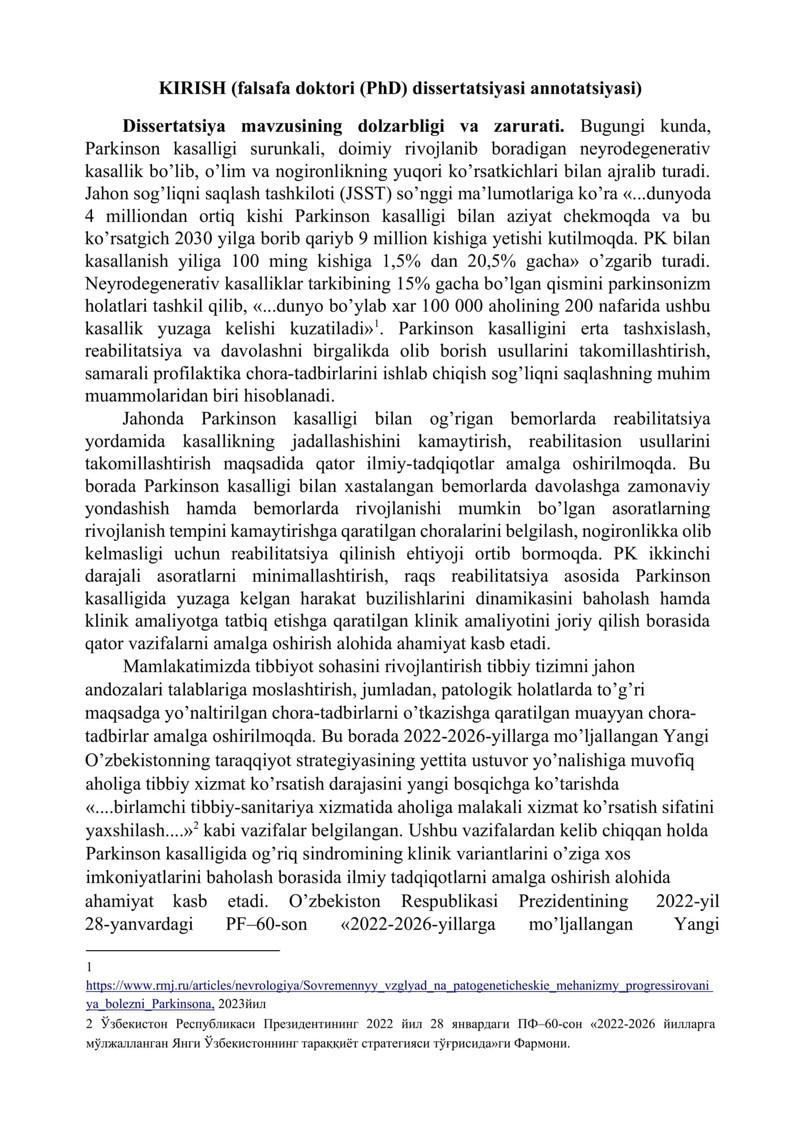 PARKINSON KASALLIGI BILAN OGʻRIGAN BEMORLARDA REABILITATSIYA YORDAMIDA ASORATLAR JADALLASHISHINI KAMAYTIRISH VA BAHOLASH 3