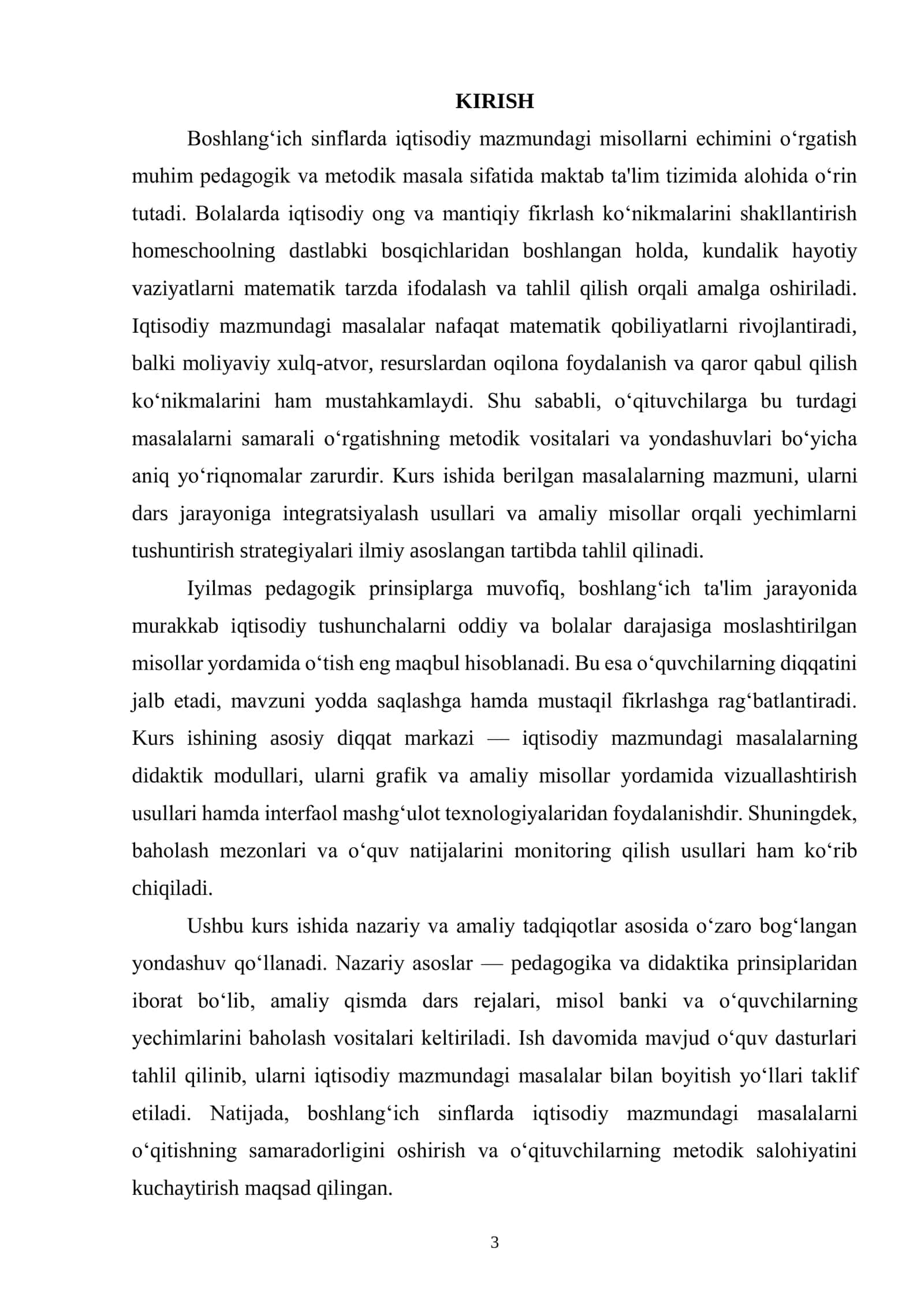 📘 “Boshlang‘ich sinflarda iqtisodiy mazmundagi misollarni yechimini o‘rgatish” mavzusidagi kurs ishi 3