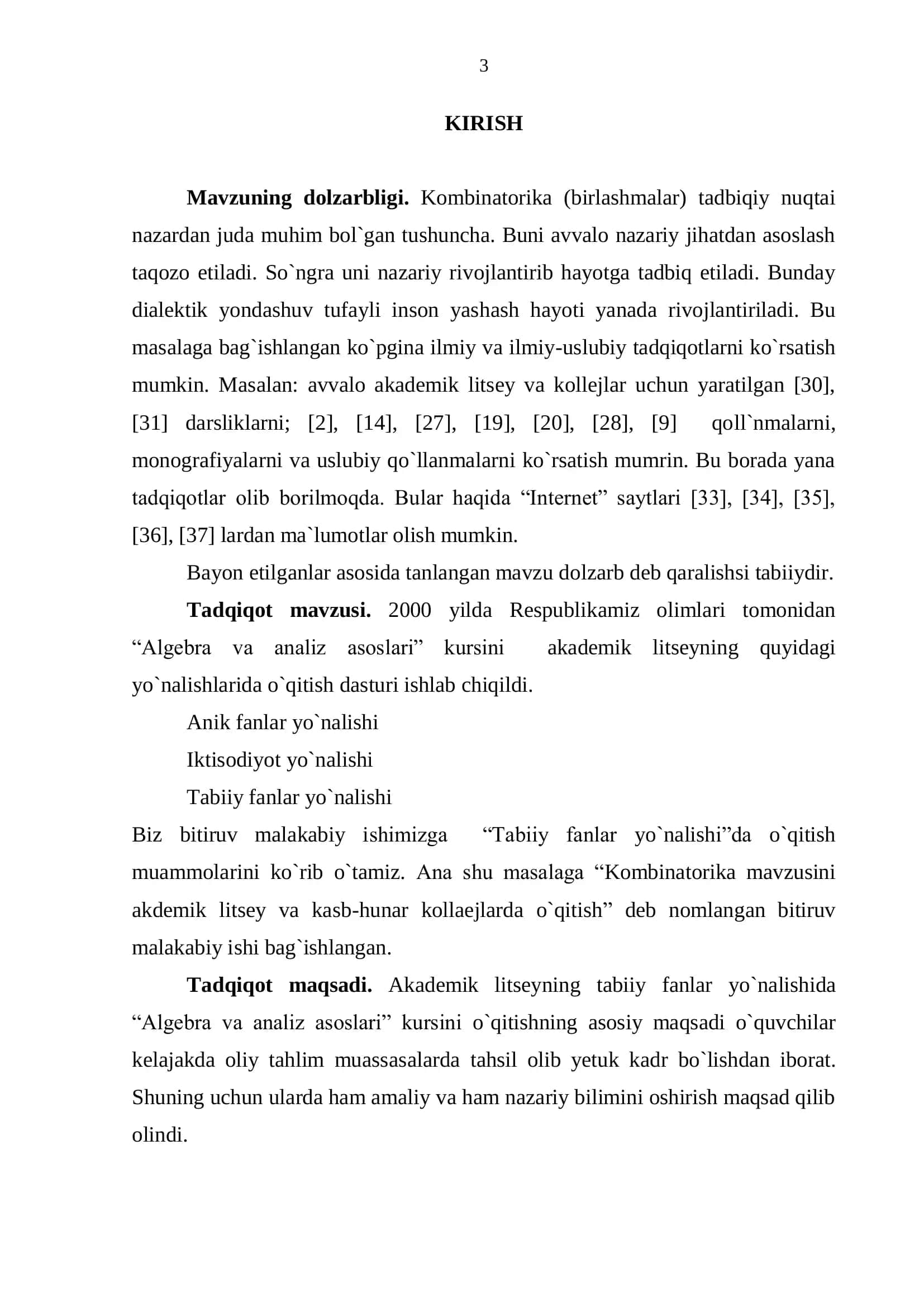 KOMBINATORIKA MAVZUSINI AKDEMIK LITSEY VA KASB-HUNAR KOLLAEJLARDA O`QITISH BITIRUV MALAKAVIY ISHI 3