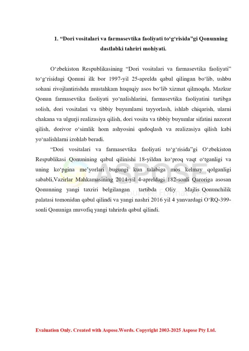 “Dori vositalari va farmasevtika faoliyati to‘g‘risida”gi Qonun, unga kiritilgan o’zgartirishlar va qo’shimchalar haqida. Referat 7 bet. 3