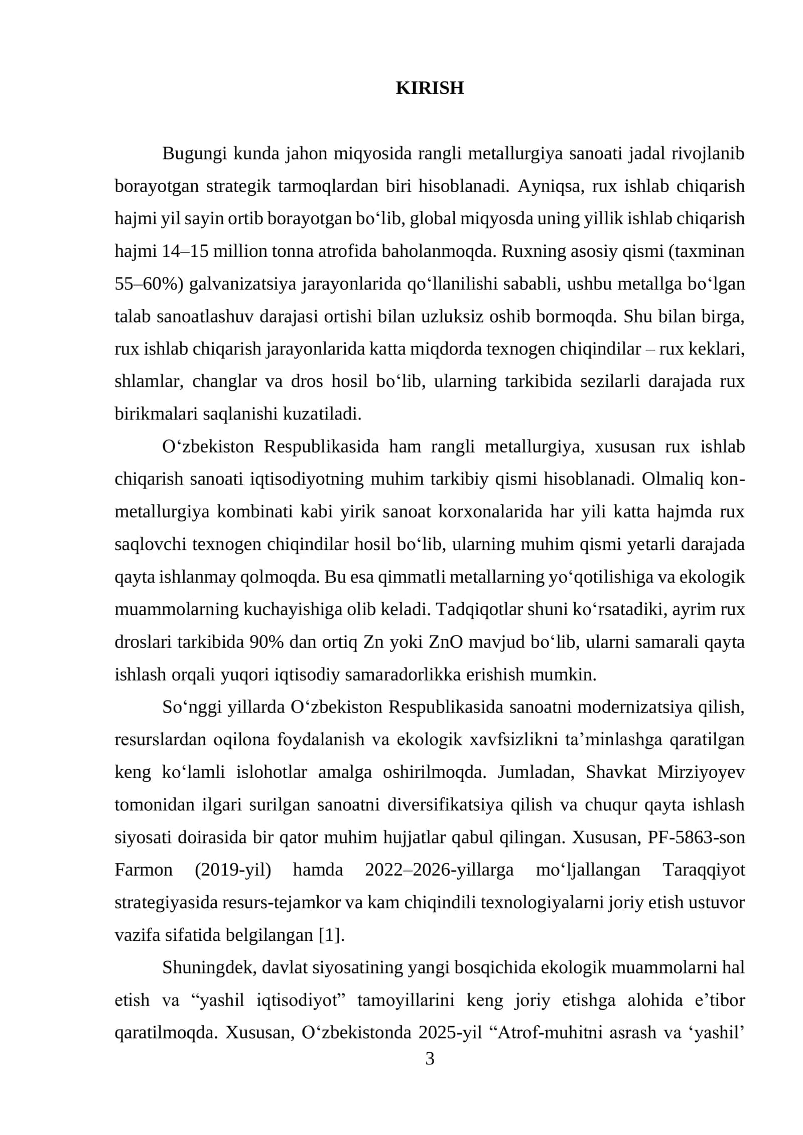 Resurs-tejamkor va kam chiqindili texnologiyalardan  foydalangan holda rux ishlab chiqarish texnologiyasining samaradorligini oshirish 3