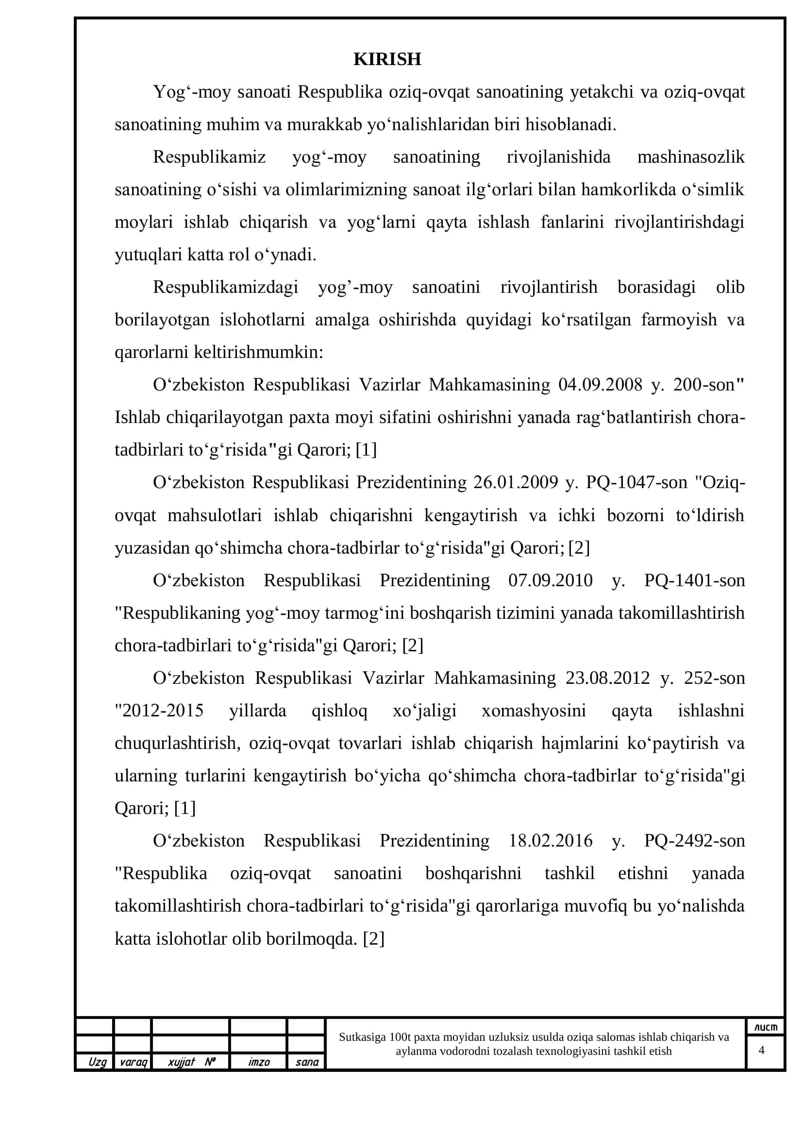 Sutkasiga 100t paxta moyidan uzluksiz usulda oziqa salomas ishlab chiqarish va aylanma vodorodni tozalash texnologiyasi 3