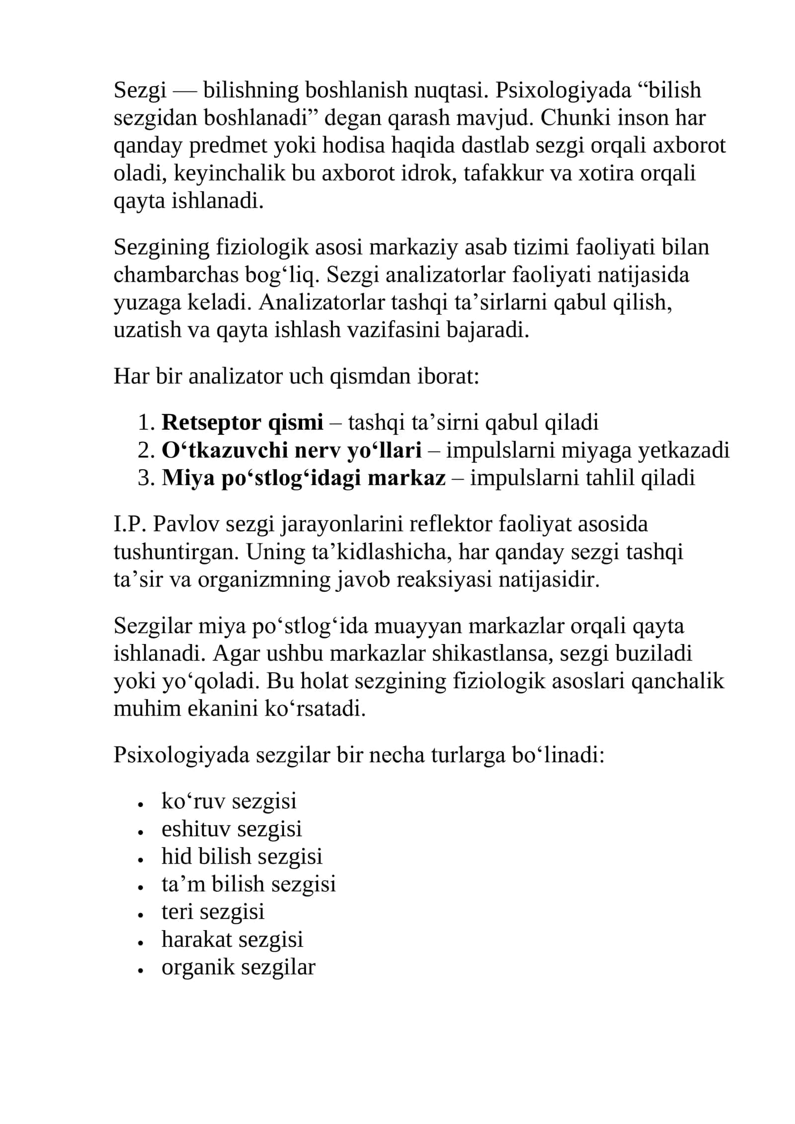 Sezgi va idrok jarayonlarining boshlang'ich holati ekanligi 3