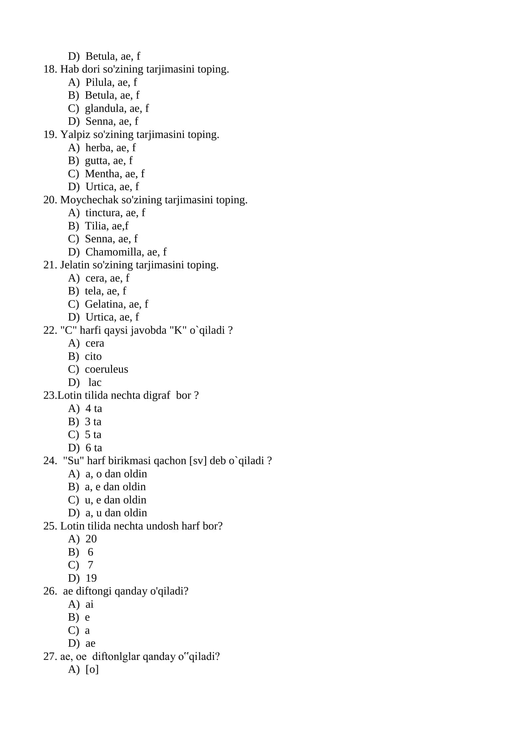 LOTIN TILI VA TIBBIY TERMONOLOGIYASI FANIDAN TESTLAR 3
