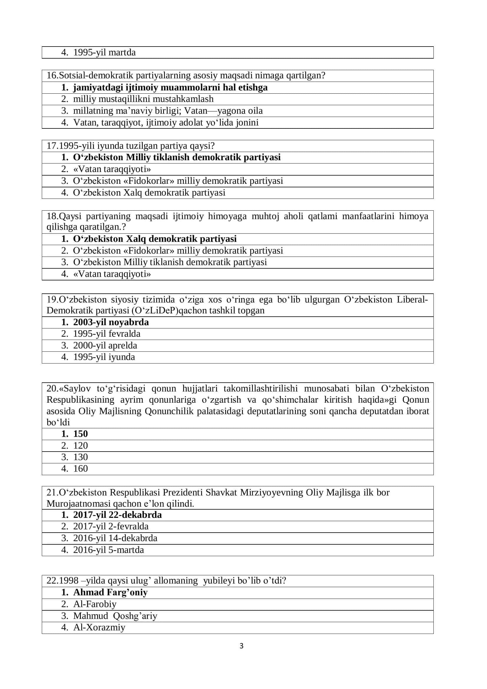 O'zbekistonning eng yangi tarixi fanidan yakuniy test javoblari 3