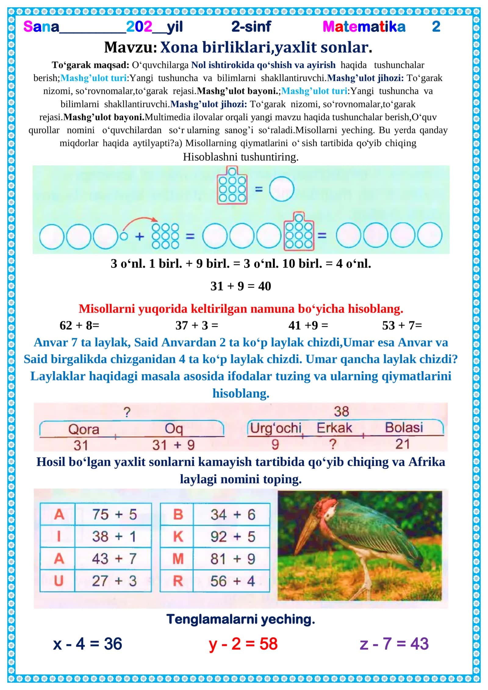 2-sinf Matematika To'garak Dars konspekti 34 Soatlik to'liq 3