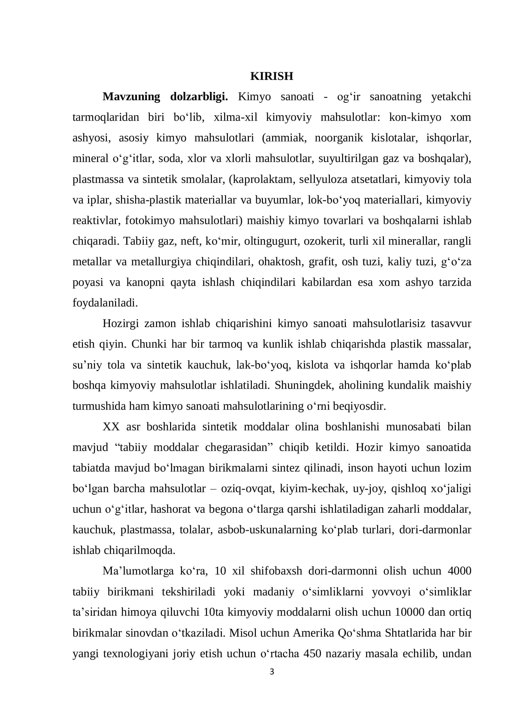 "O‘zbekistonda kimyo sanoatining жойlaniши вa rivojlanish istiqbollari" BITIRUV MALAKAVIY ISHI 3