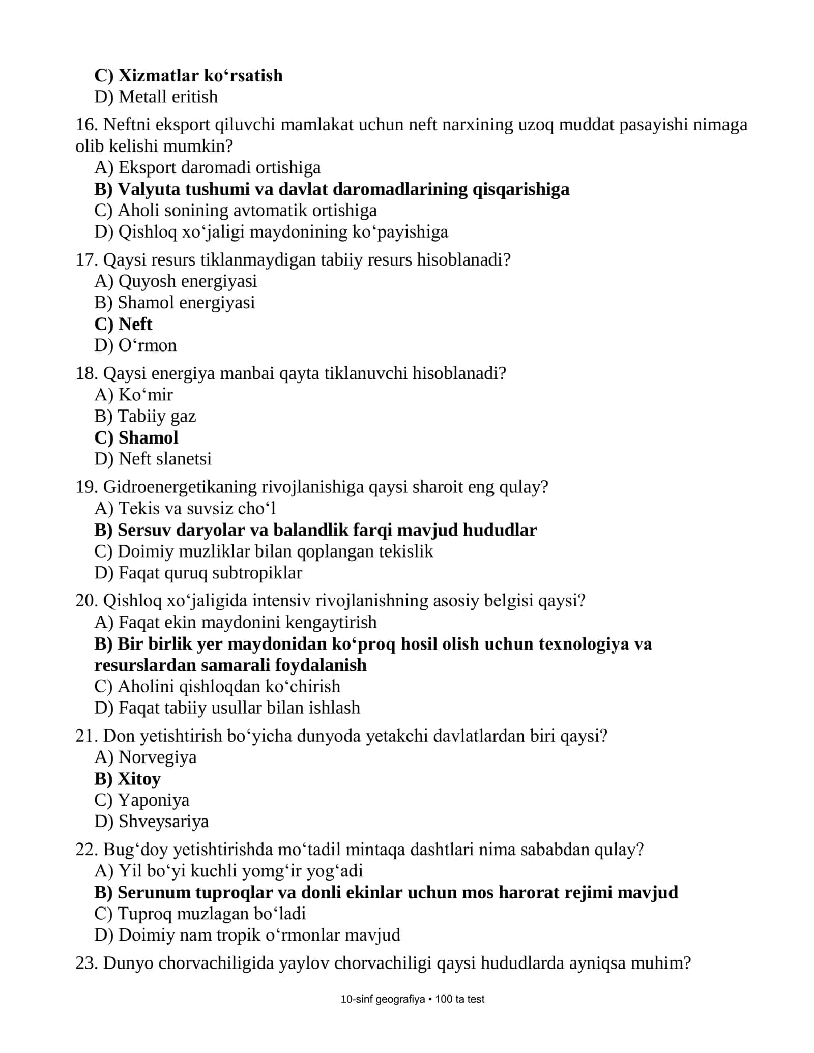10-sinflar uchun Geografiya fanidan Asosiyfanlar olimpidasiga tayyrogarlik testlari (Javoblari bilan) 3