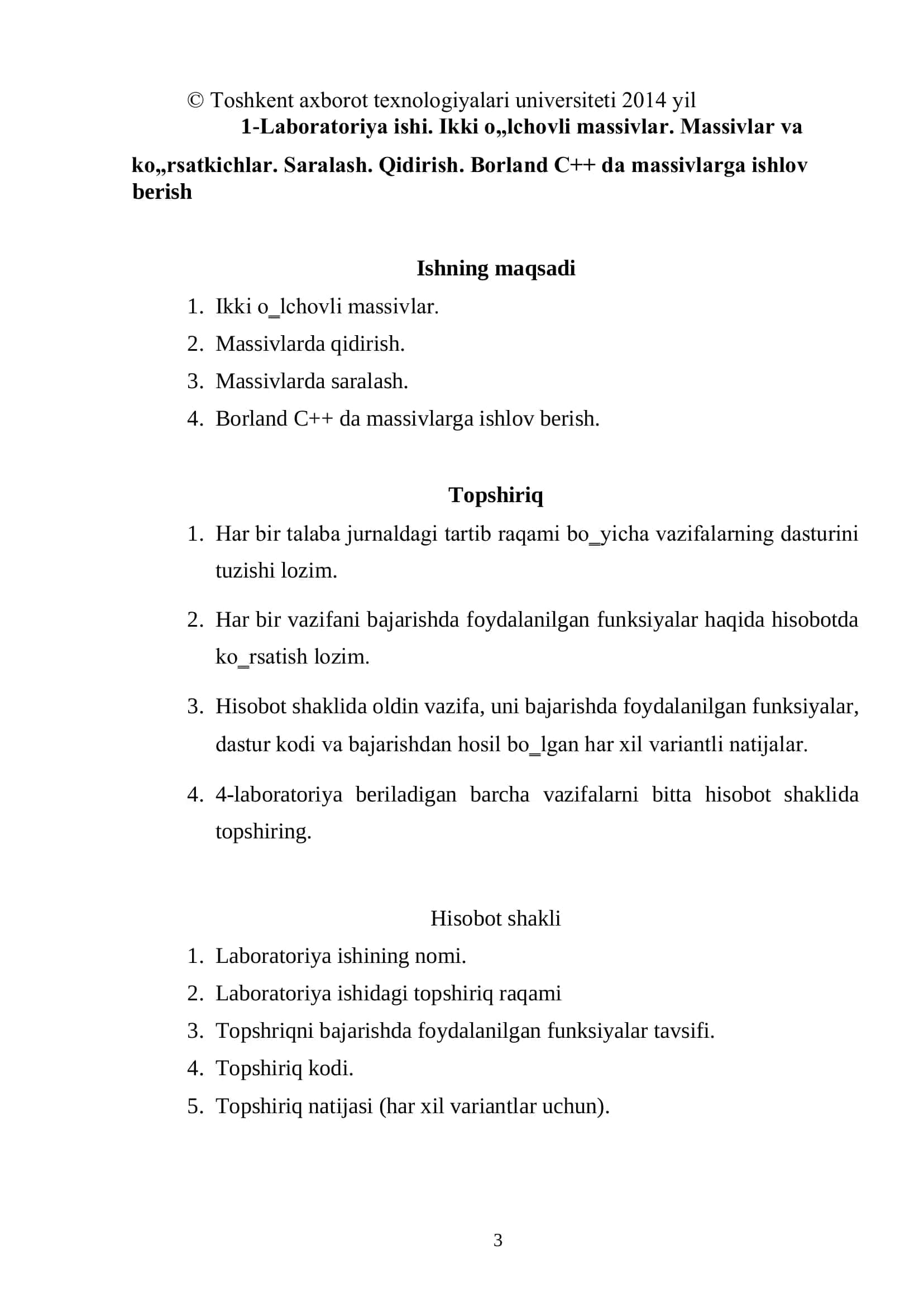 C/C++ DA DASTURLASH KURSIDAN LABORATORIYA ISHLARI UCHUN USLUBIY KO‟RSATMA 3