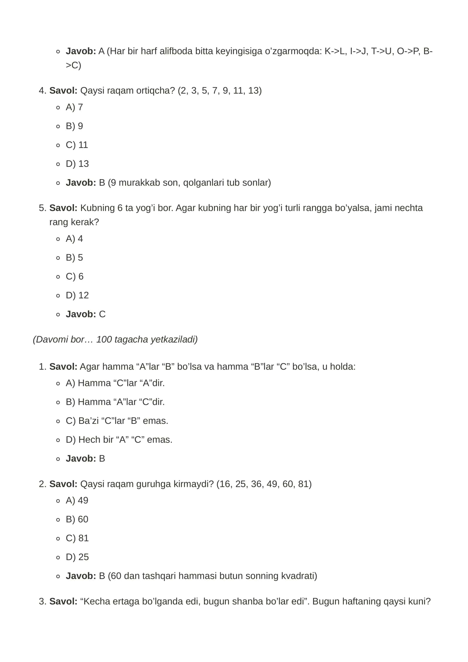 Tanqidiy fikrlash va Mantiqdan 100 ta murakkab test savollari 3