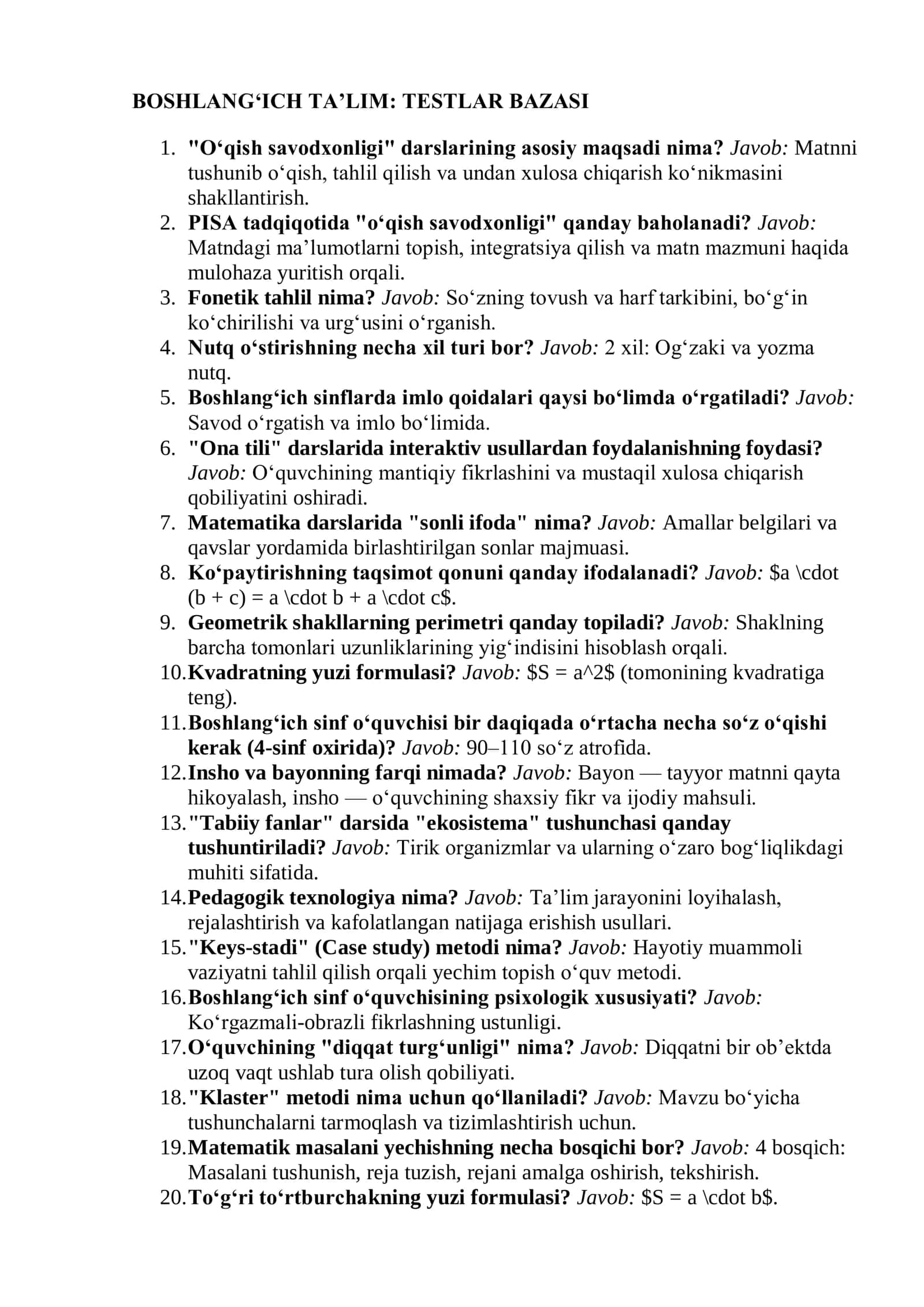 Boshlang‘ich Ta’lim: Attestatsiya va Toifa Imtihonlari Uchun 600 Talik Maxsus Testlar Bazasi (2026) 3