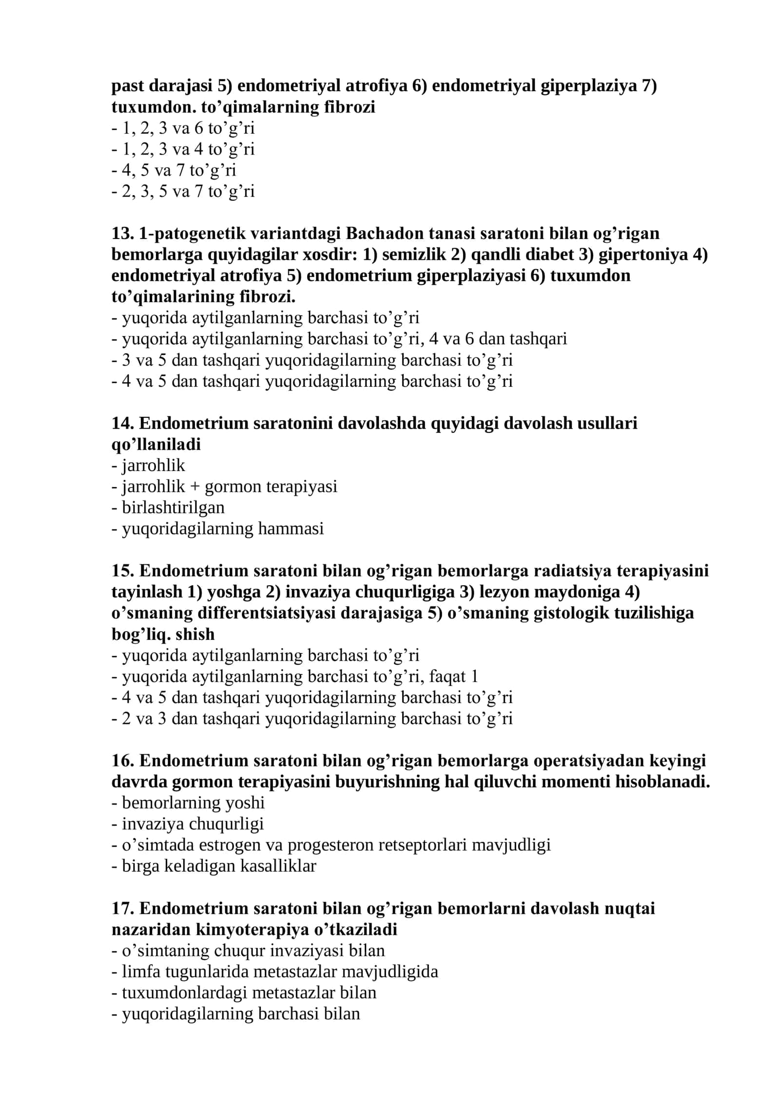 Kimyoterapiya mutaxassisligi bo’yicha shakllantirilgan test savollari ro’yxati 2026 3