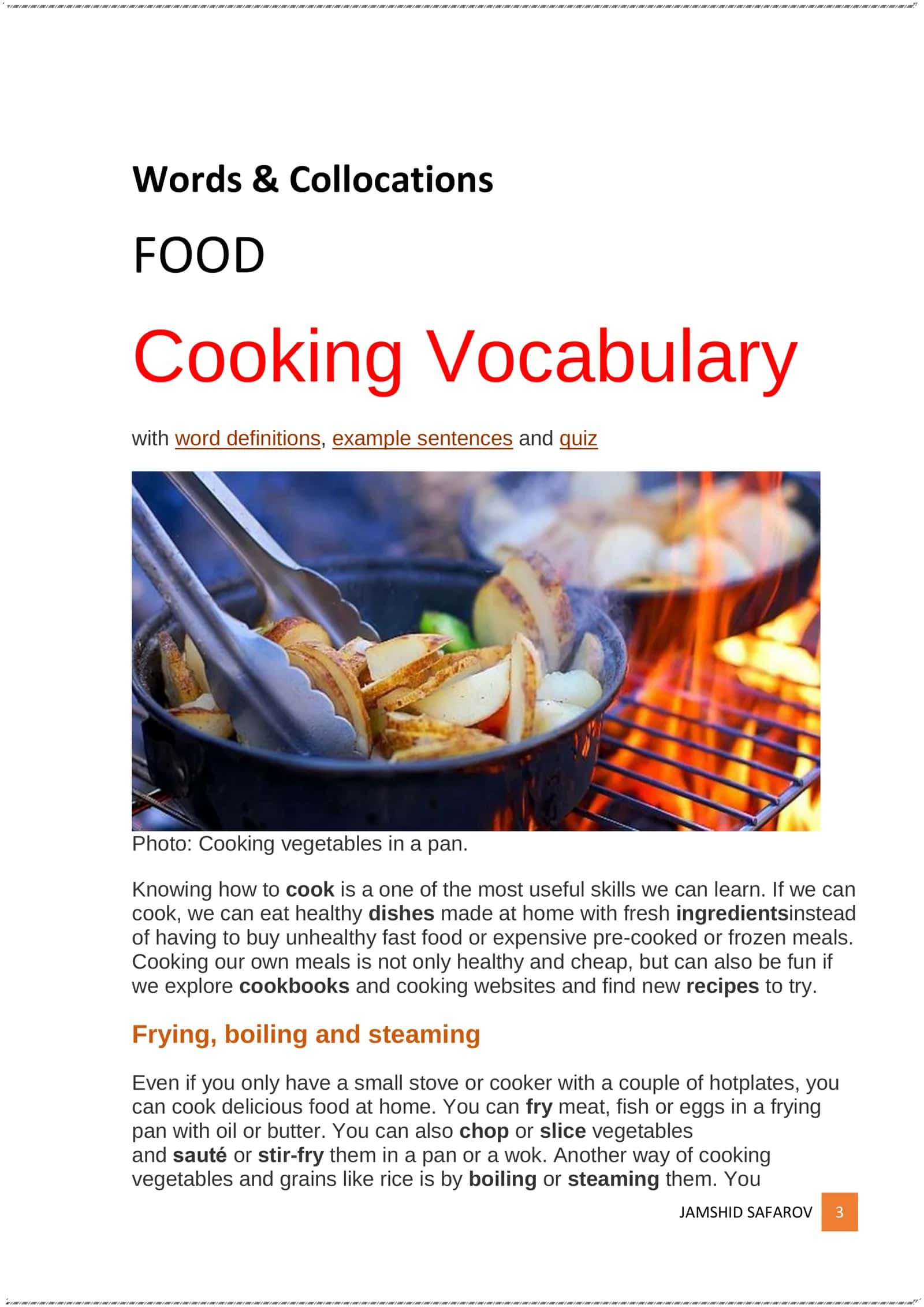 Cooking Vocabulary with word definitions, example sentences and quiz 3