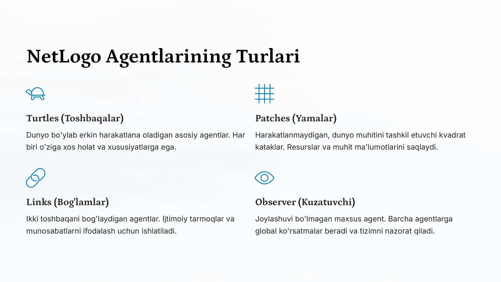 NetLogo Modellashtiruvi 4 Ko'p agentli tizimlar 3
