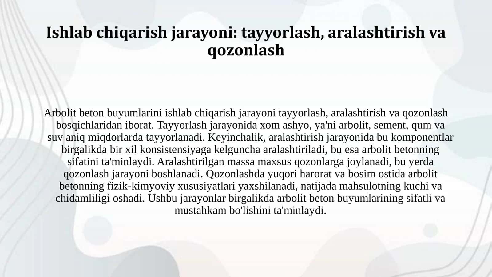 Arbolit beton buyumlarni ishlab chiqarish texnologiyasi. 3
