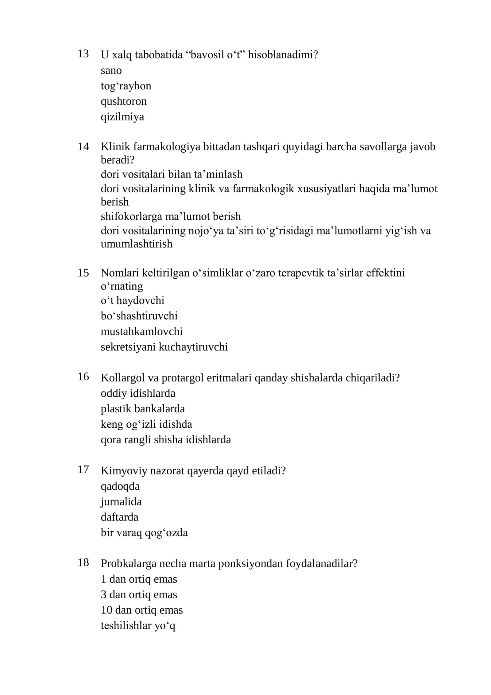 Farmatsiya (Fitobar oʻrta tibbiyot xodimlari) mutaxassisligi boʻyicha shakllantirilgan test savollari roʻyxati 3