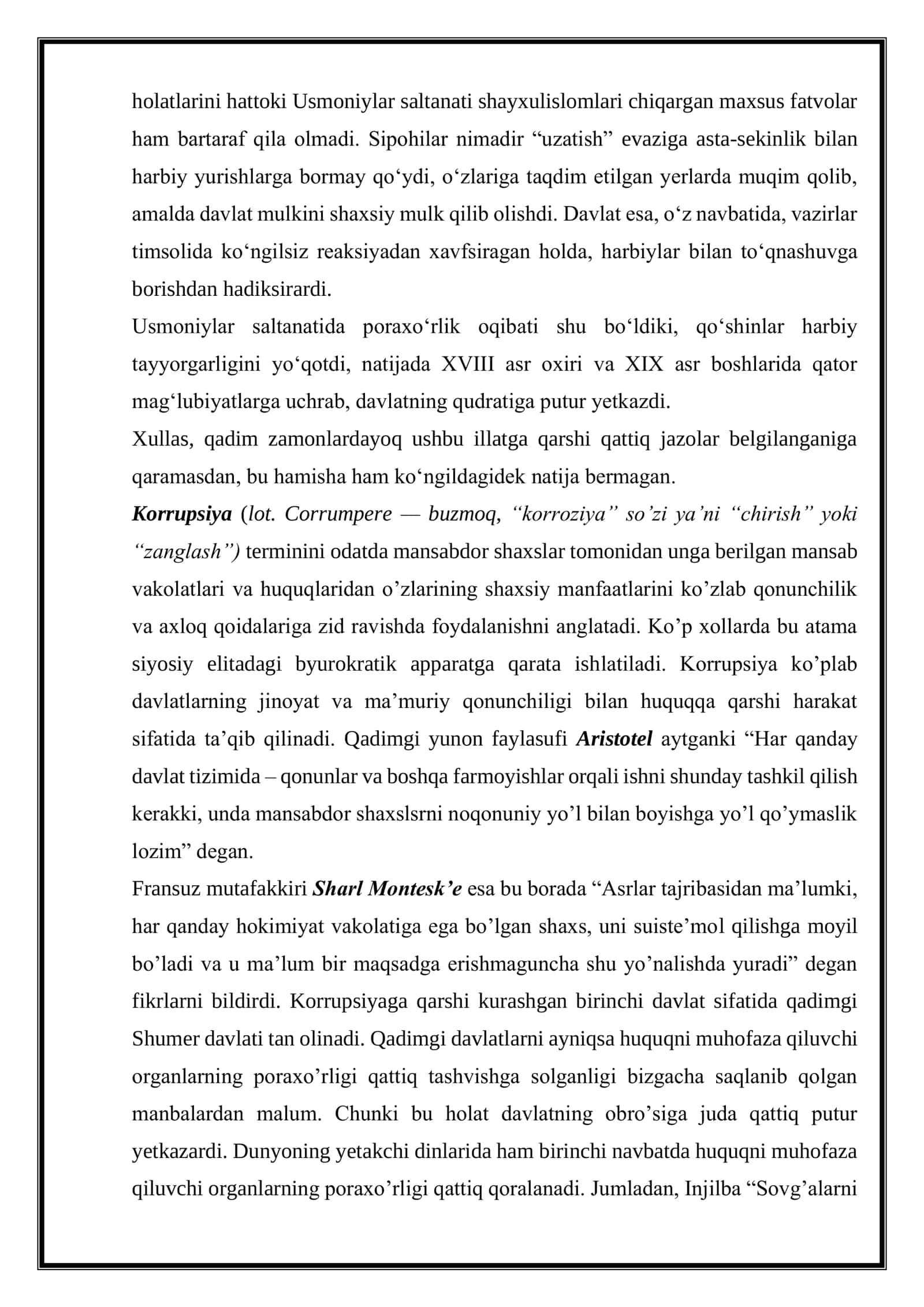 O'zbekistonda korrupsiyaga oid qonunlar va qarorlar tasnifi, korrupsiyaga qarshi kurashning ahamiyati 3