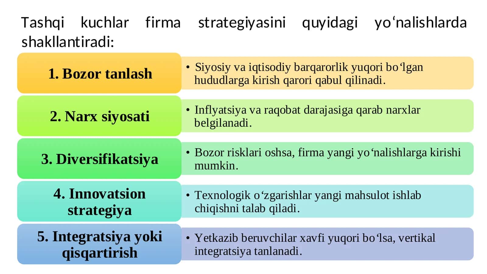 5-mavzu. Ijtimoiy, siyosiy/huquqiy, iqtisodiy va tehnologik kabi tashqi kuchlarning firma faoliyati va strategik qaror qabul qilishga ta’siri 3