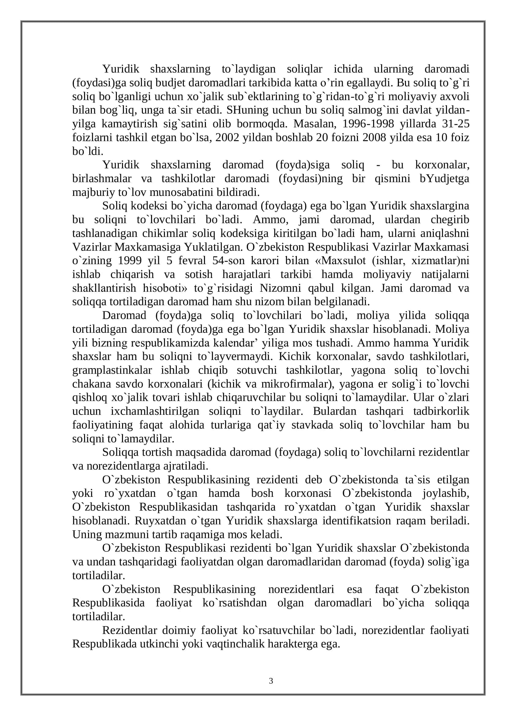 Yuridik shaxslardan olinadigan foyda solig`i va uning korxonalar moliya-xo’jalik faoliyatiga ta’siri 3