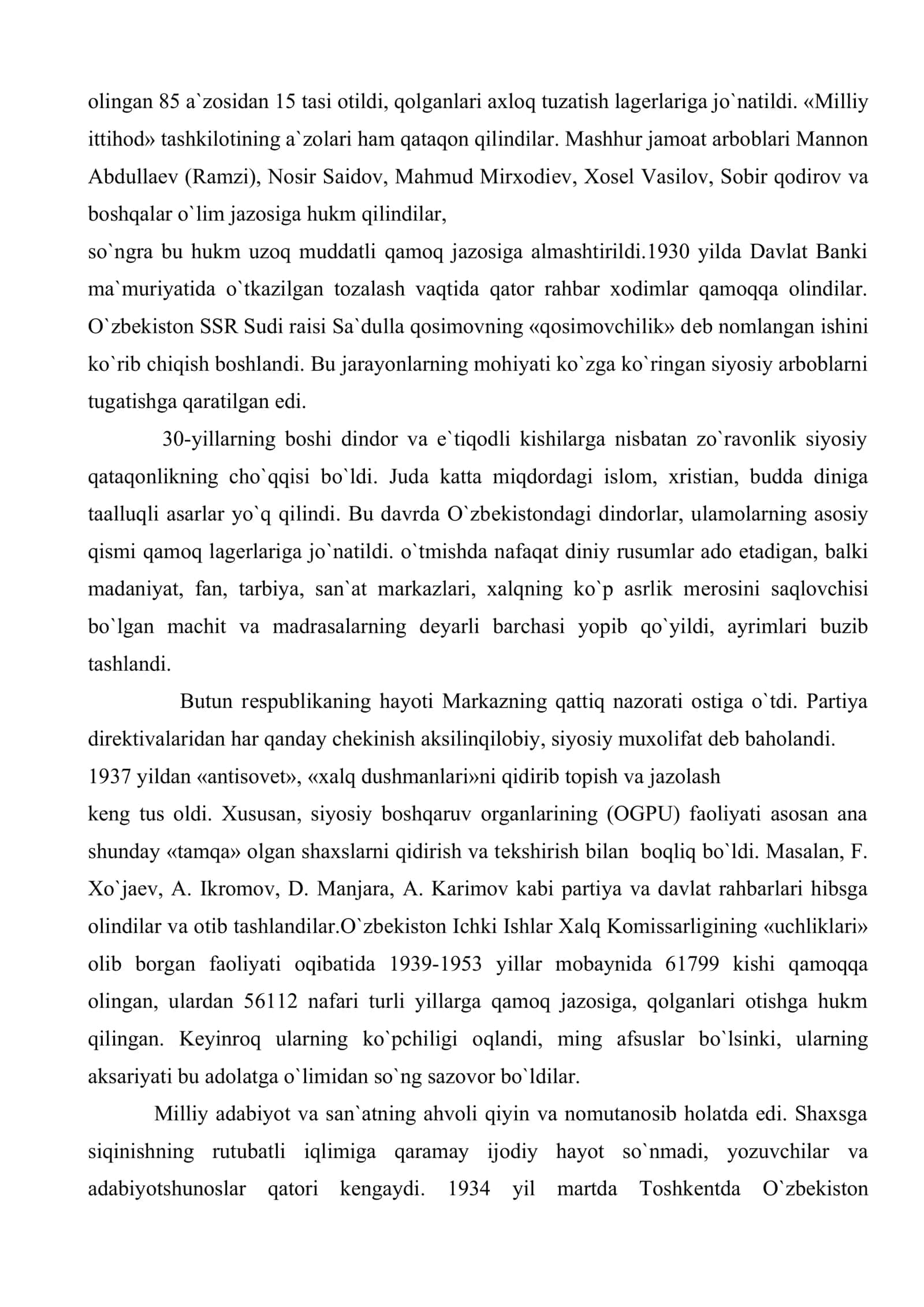 20 - 30 yillarda sovеt hokimiytining O`zbеkistonga yuritgan iqtisodiy va madaniy siyosati, uning mustamlakachilik mohiyati. Siyosiy qatag`onlik 3