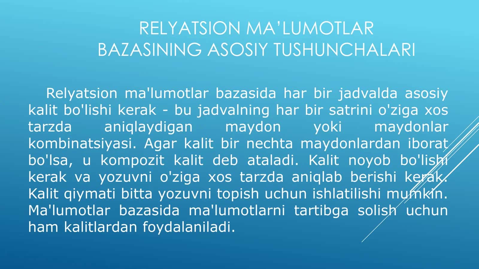 RELYATSION MA’LUMOTLAR BAZASI VA MA’LUMOTLAR BAZASIDA MUNOSABATLAR 3