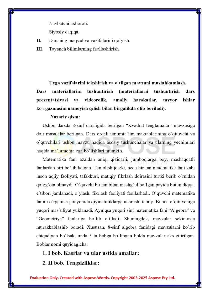 Dars ishlanma MATEMATIKA Kvadrat tenglama 3