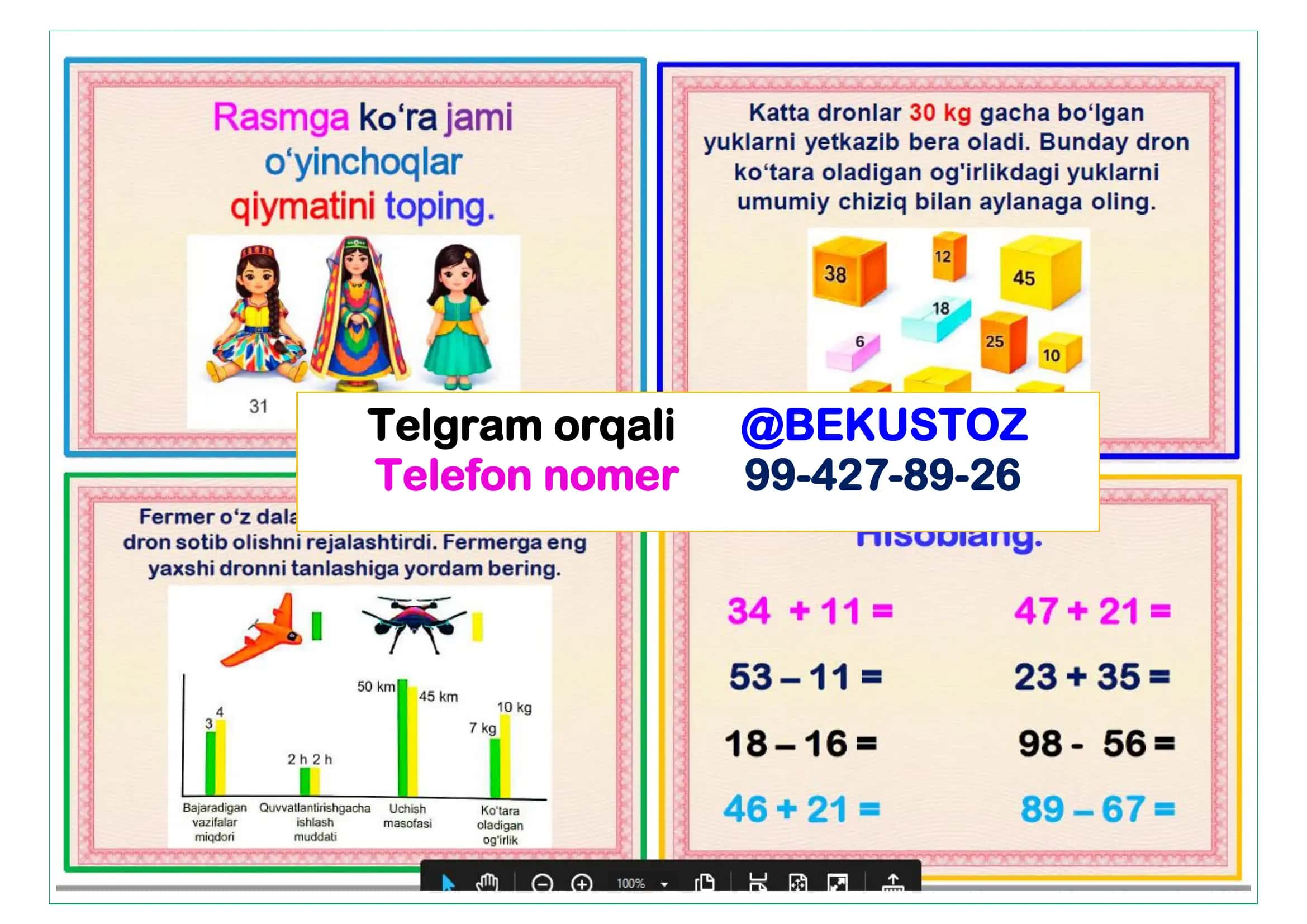 1-sinf Matematika Tarqatma. 3-chorak uchun tayyor 84 ta. 3