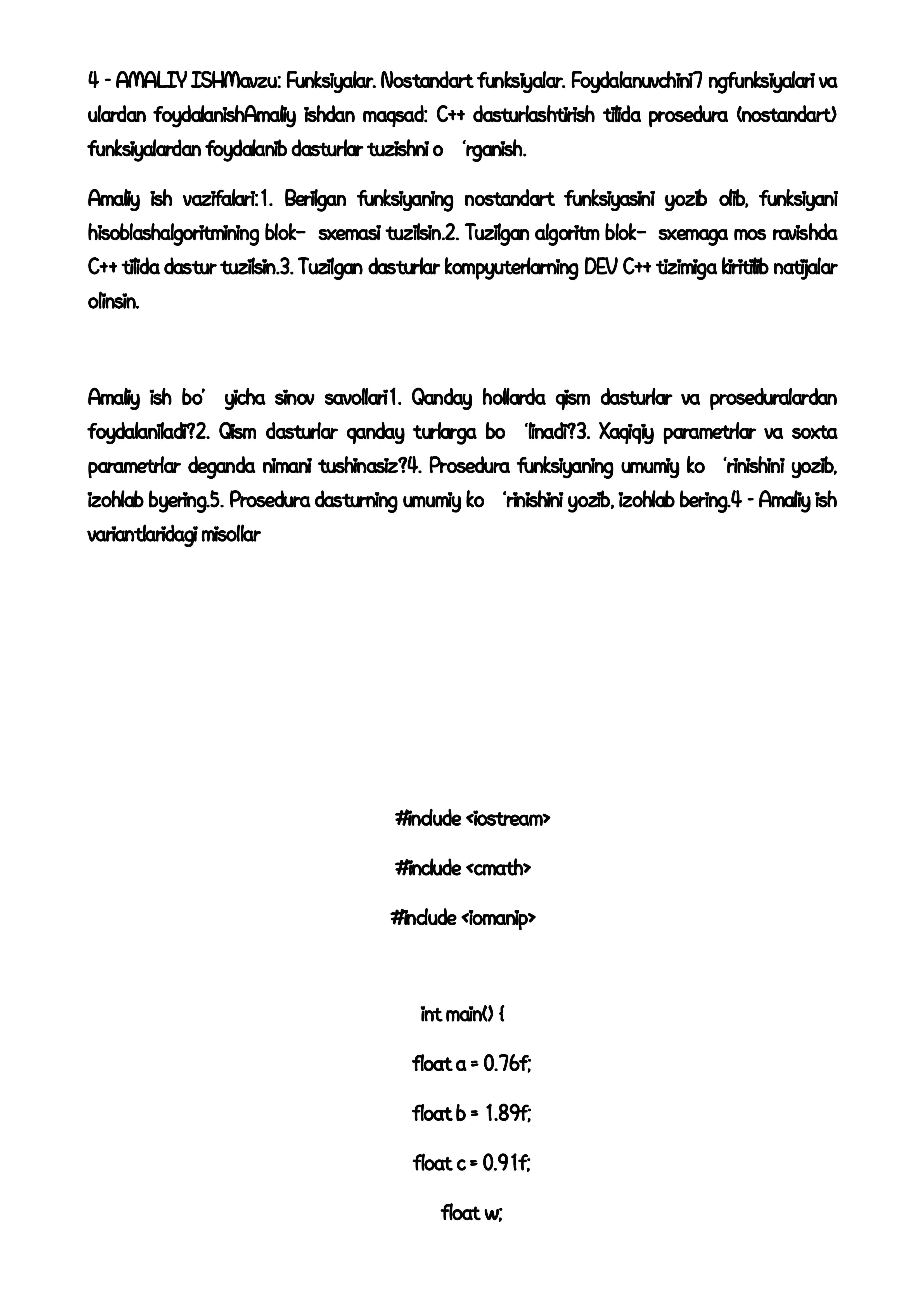 Funksiyalar. Nostandart funksiyalar. Foydalanuvchini7 ngfunksiyalari va 3