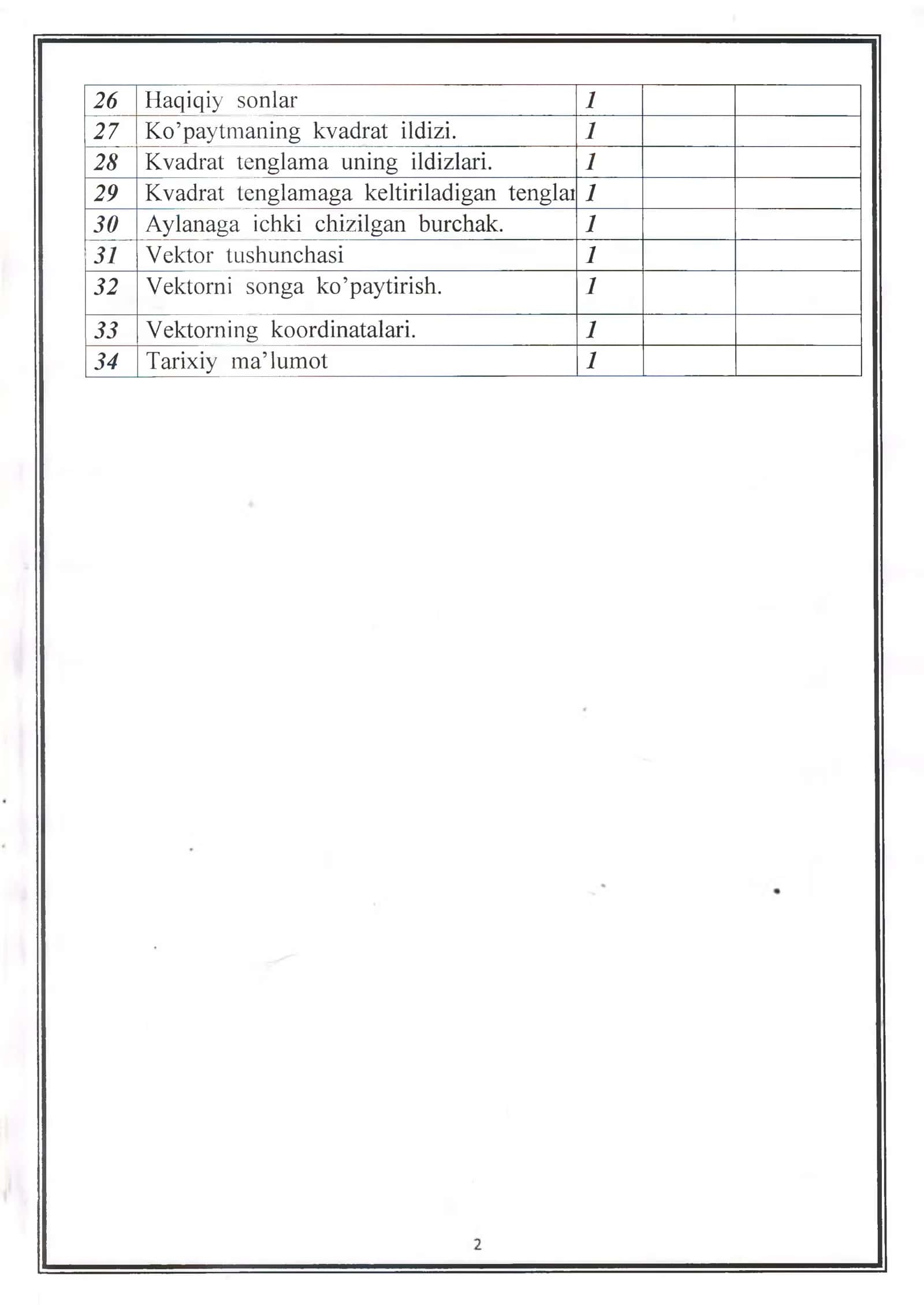 Matematika fanidan to'garak hujjatlari. Konspekti va rejasi 3