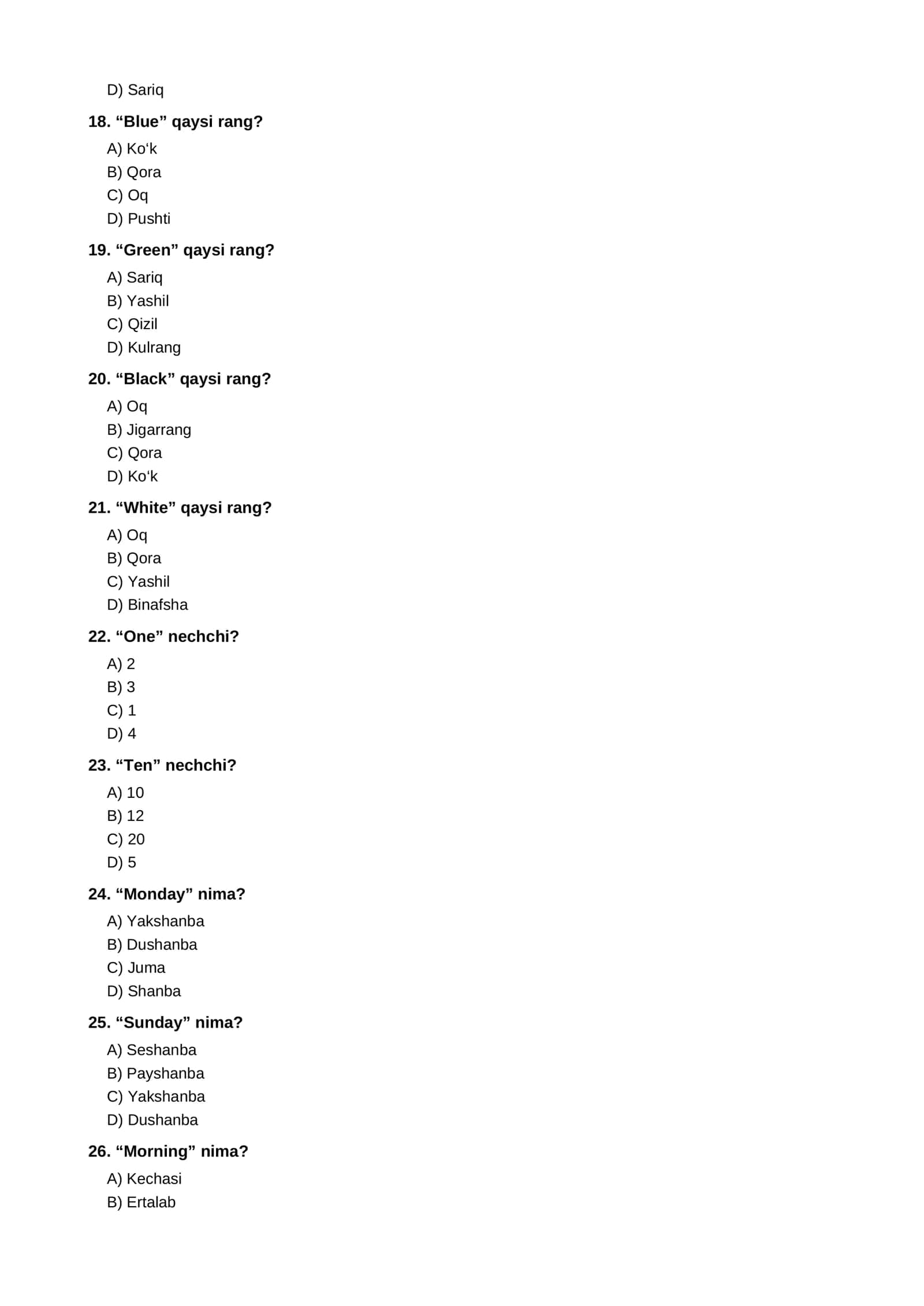English Beginner Vocabulary Test — 60 Questions with Answers 3