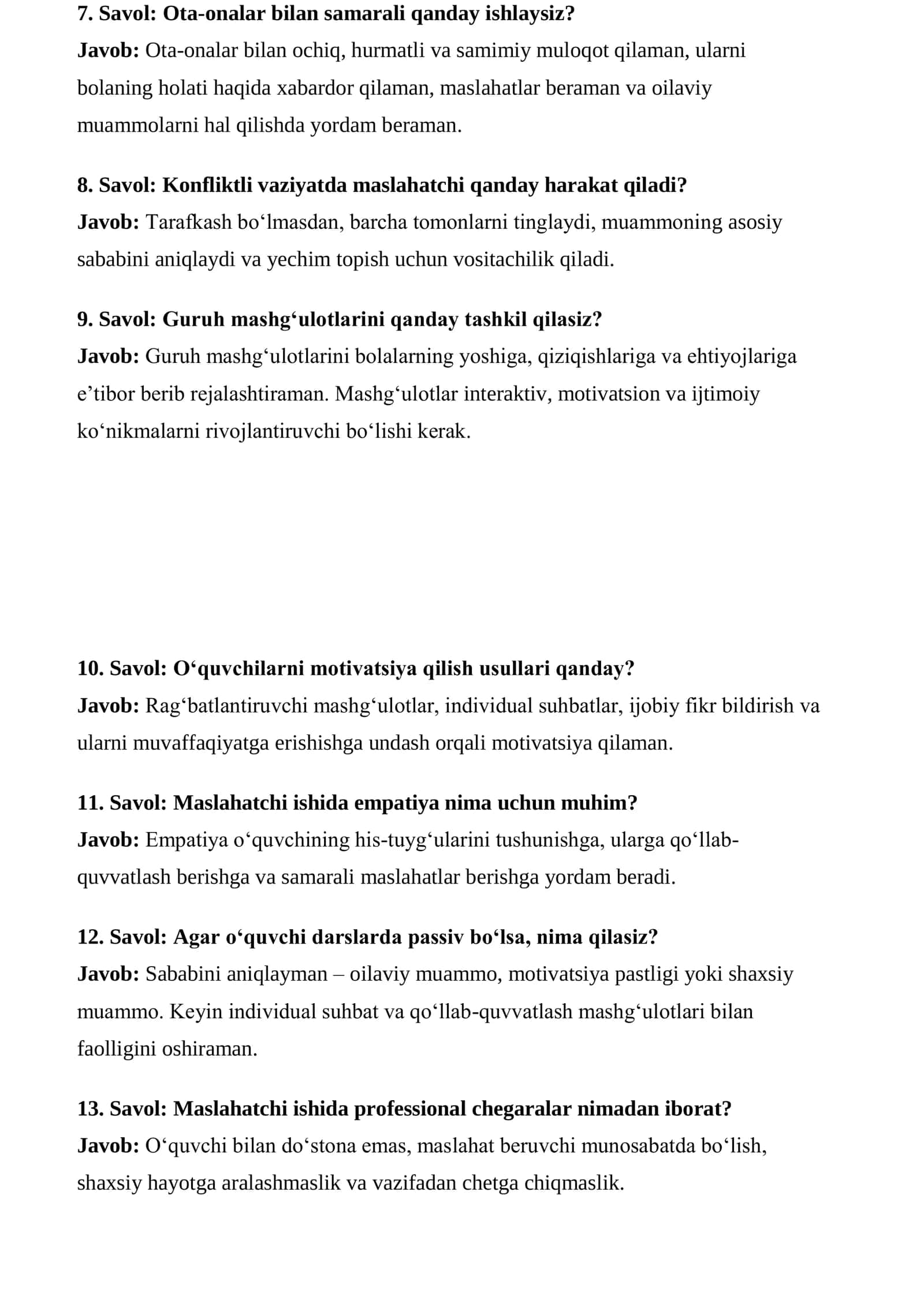 Maktab maslahatchisi suhbat savollari va javoblari 3