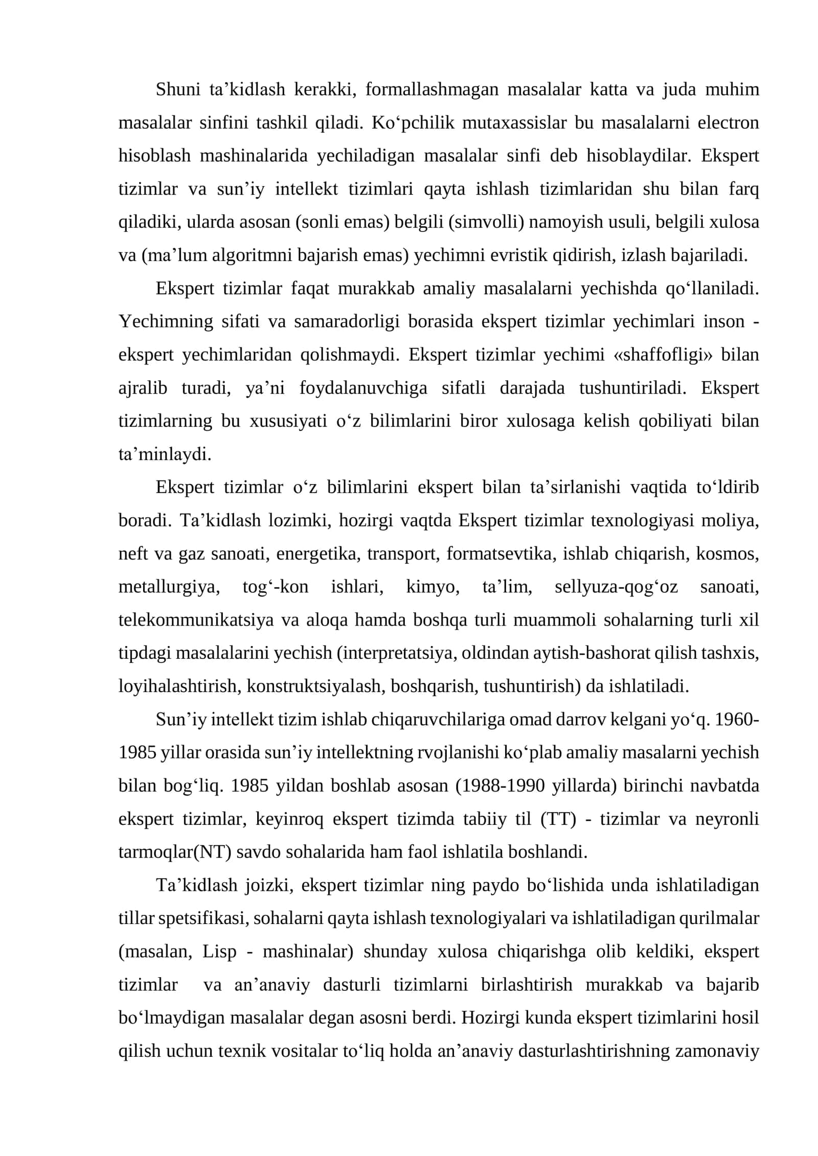 EKSPERT TIZIMLAR. SUN’IY INTELLEKT TIZIMLARINING RIVOJLANISH YO‘NALISHLARI. 3