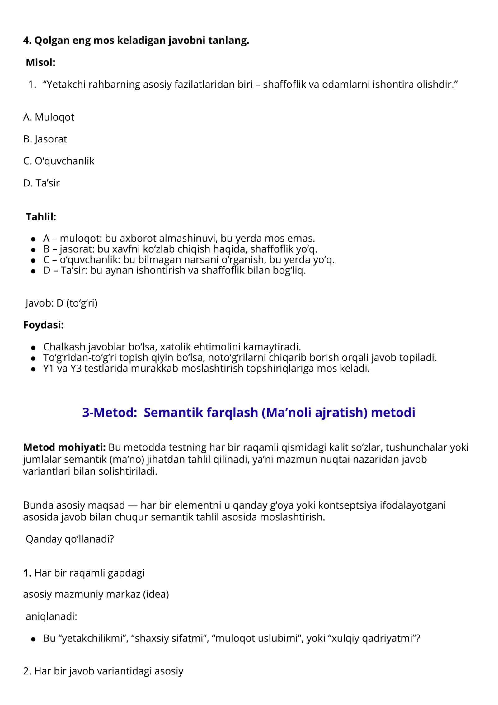 Moslashtirish testlarini yechish metodlari 3