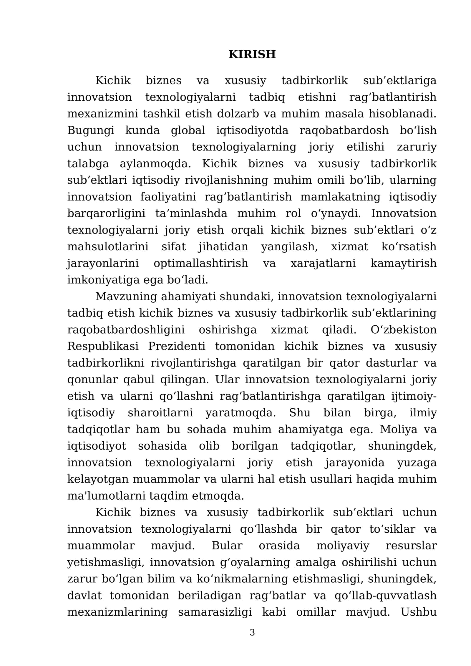Kichik biznes va xususiy tadbirkorlik sub’ektlariga innovatsion texnologiyalarni tadbiq etishni rag’batlantirish mexanizmini tashkil etish 3