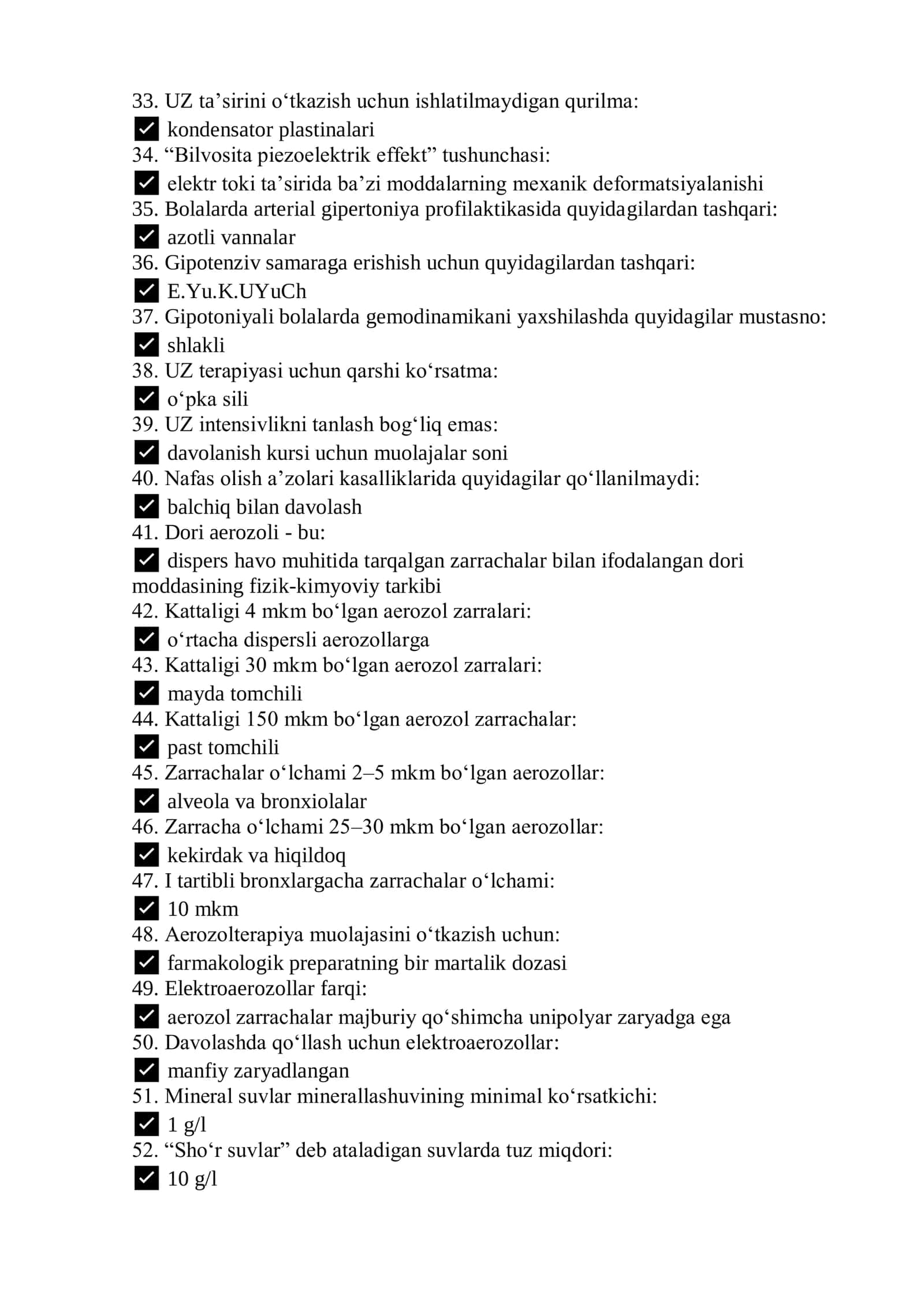 Reabilitologiya (davolash fizkulturasi, kurortologiya, fizioterapiya) mutaxassisligi bo'yicha shakllantirilgan test savollari ro'yxati 3