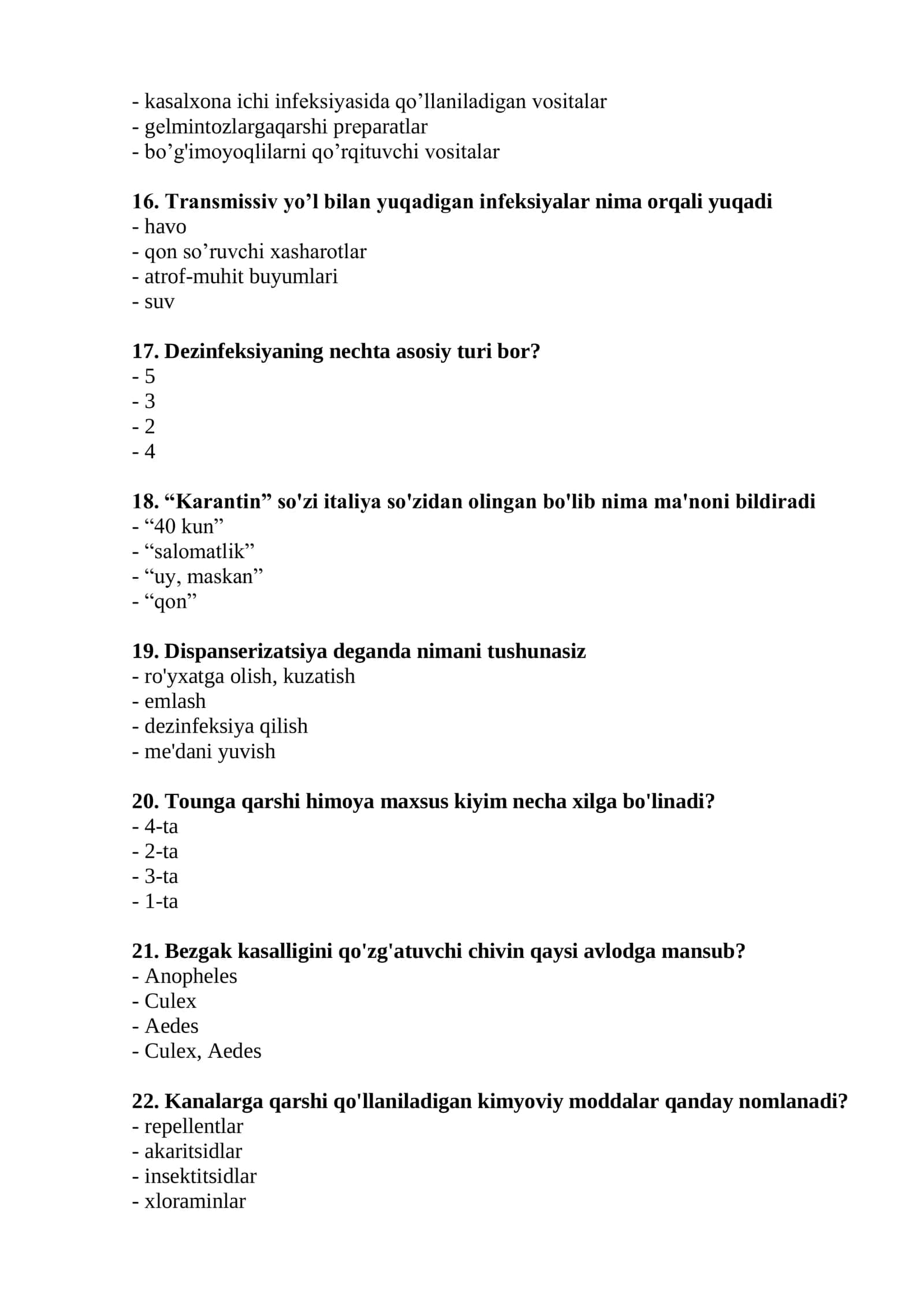 Tibbiy profilaktika ishi (parazitolog vrach yordamchilari uchun) mutaxassisligi bo'yicha shakllantirilgan test savollari ro'yxati 3