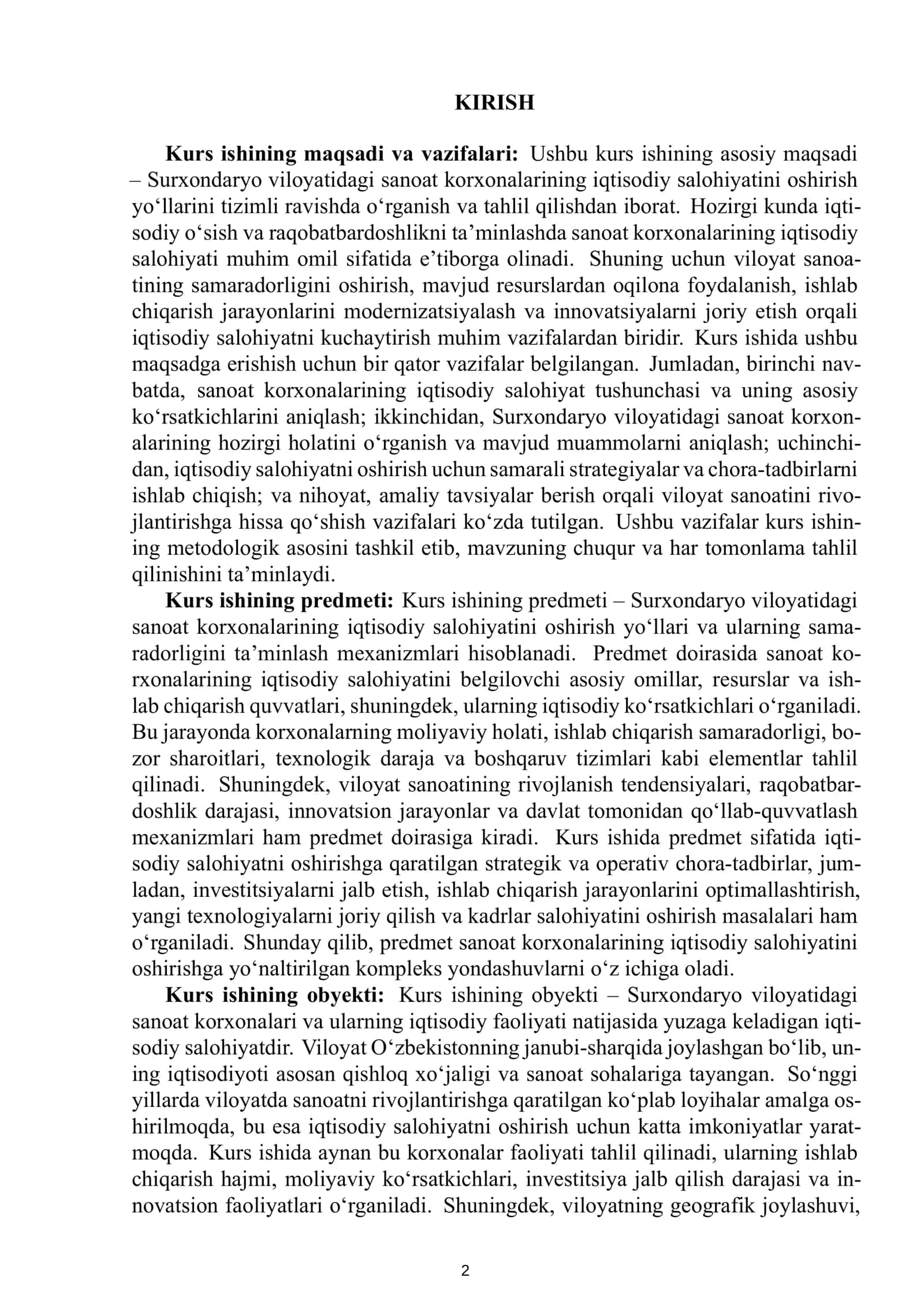 KURS ISHI: Sanoat korxonalarning iqtisodiy salohiyatini oshirish yoʻllari (Surxondaryo viloyati misolida) 3