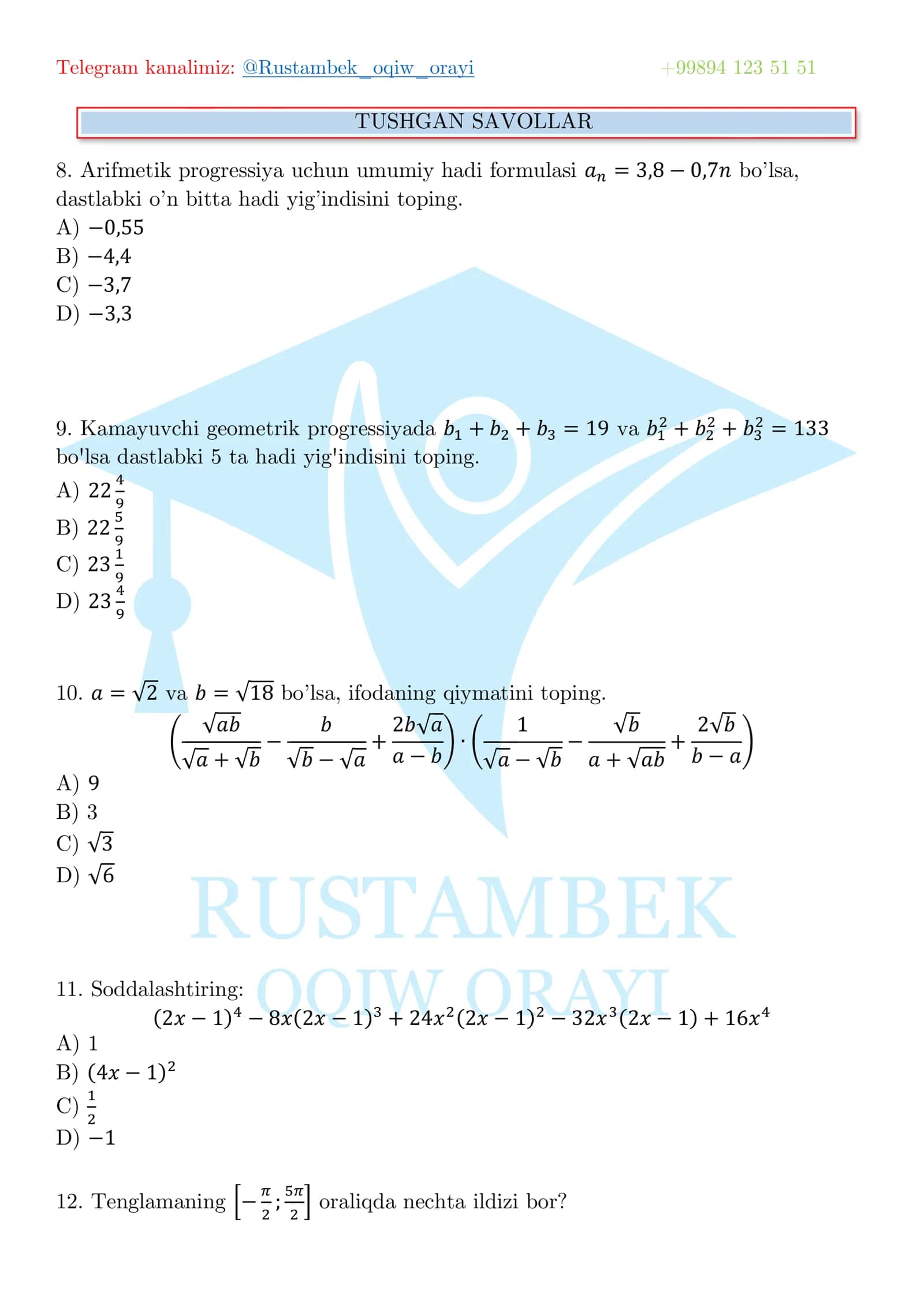 Matematika milliy sertifikat 2026 savollari 3