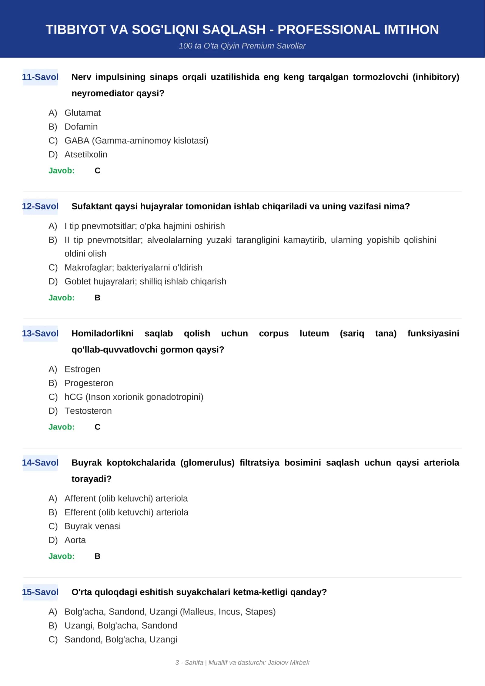 TIBBIYOT VA SOG'LIQNI SAQLASH - PROFESSIONAL IMTIHON 3
