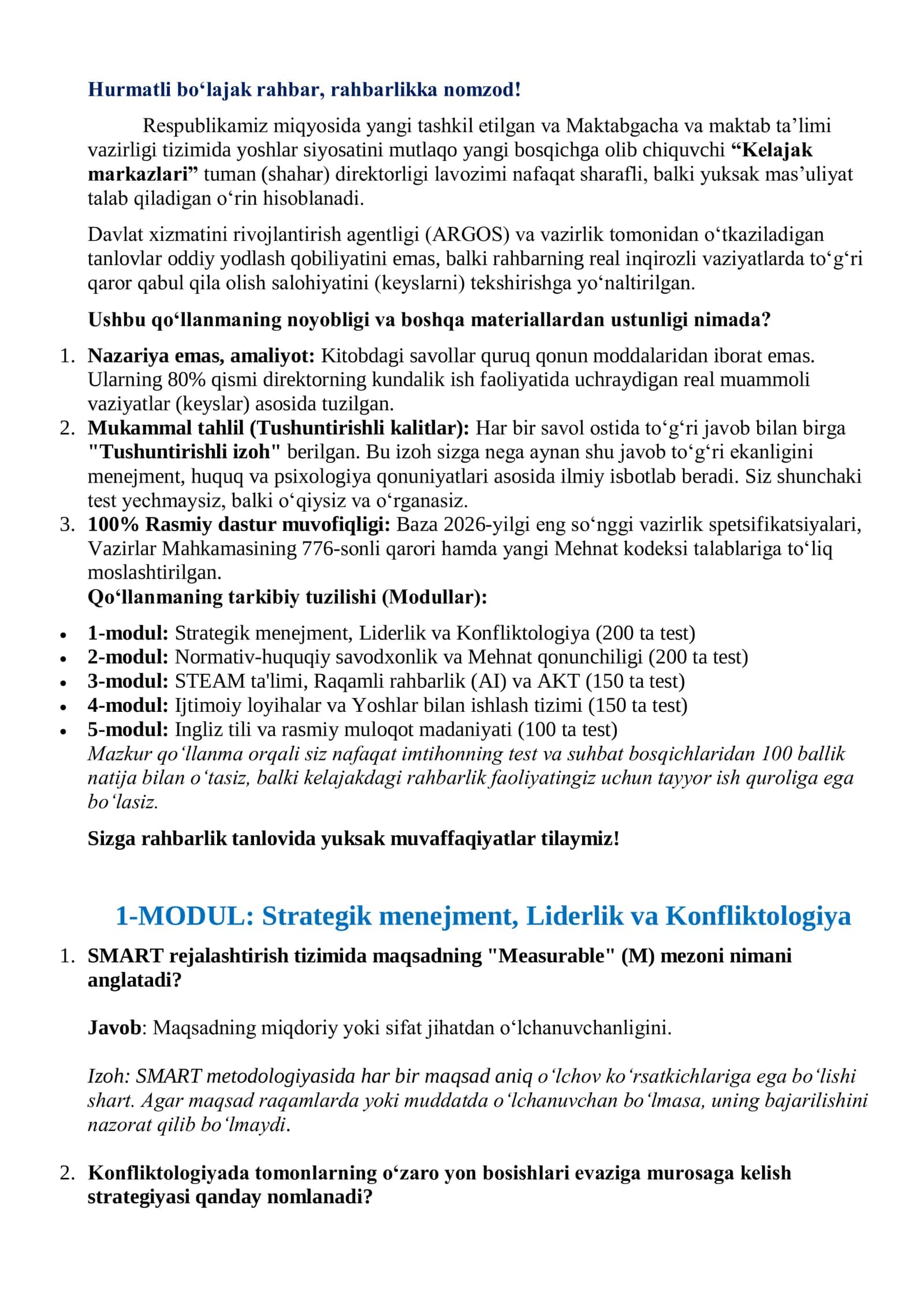 KELAJAK MARKAZI DIREKTORLIGI IMTIHONIGA 100% KAFOLATLI TAYYORGARLIK QOʻLLANMASI: 800 TA YANGI TEST (2026 YIL KUZGI MAVSUM) 3