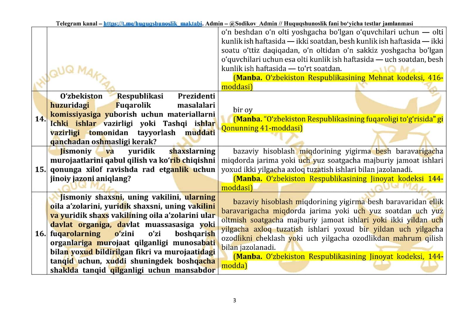 Huquqshunoslik fanidan joriy yil tushgan testlar 3