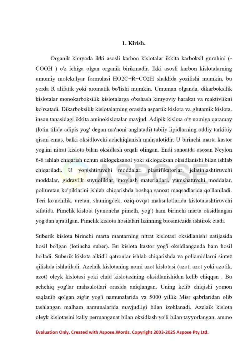 13. Ikki asosli karbon kislotalarning olinish usullari. Ftal kislota va uning hosilalari, ftalangidrid, ftalamid 2. Referat 15 bet 3
