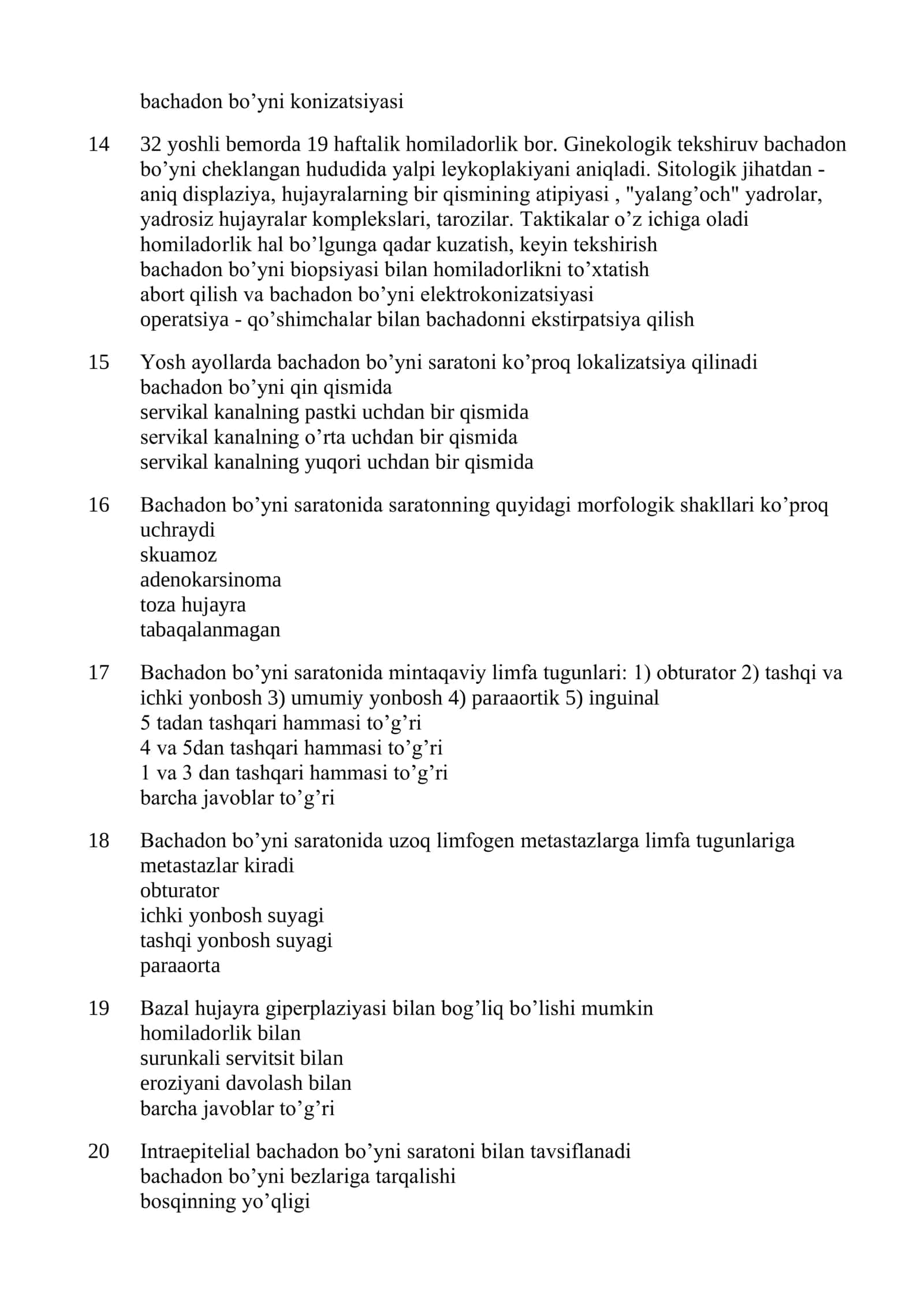 Onkoginekologiya mutaxassisligi bo’yicha shakllantirilgan test savollari ro’yxati 2026 3