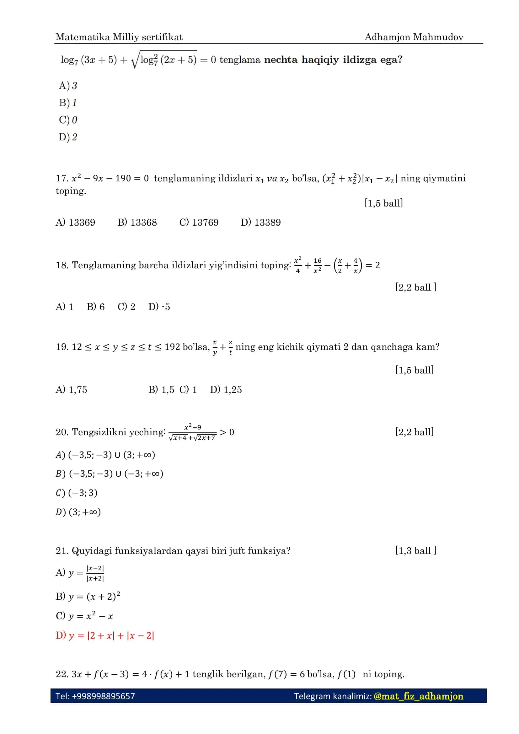 Matematika Milliy sertifikat 3