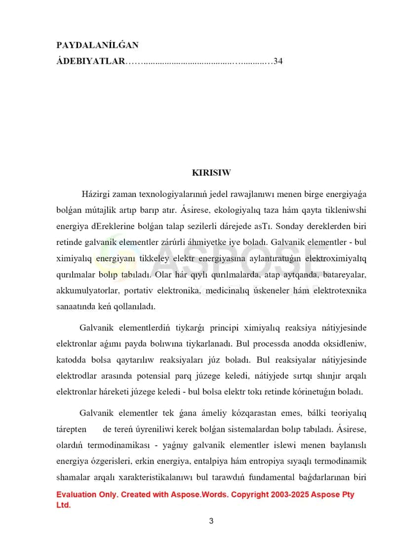 Galvanik elementler termodinamikası kurs jumısı 3