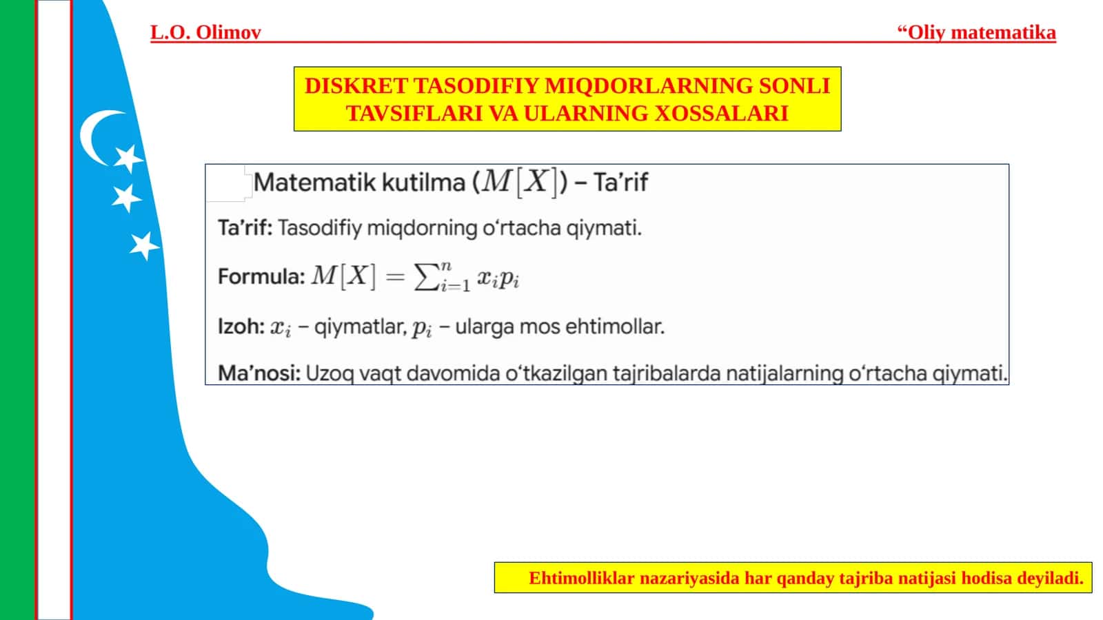 DISKRET TASODIFIY MIQDORLARNING SONLI TAVSIFLARI VA ULARNING XOSSALARI 3