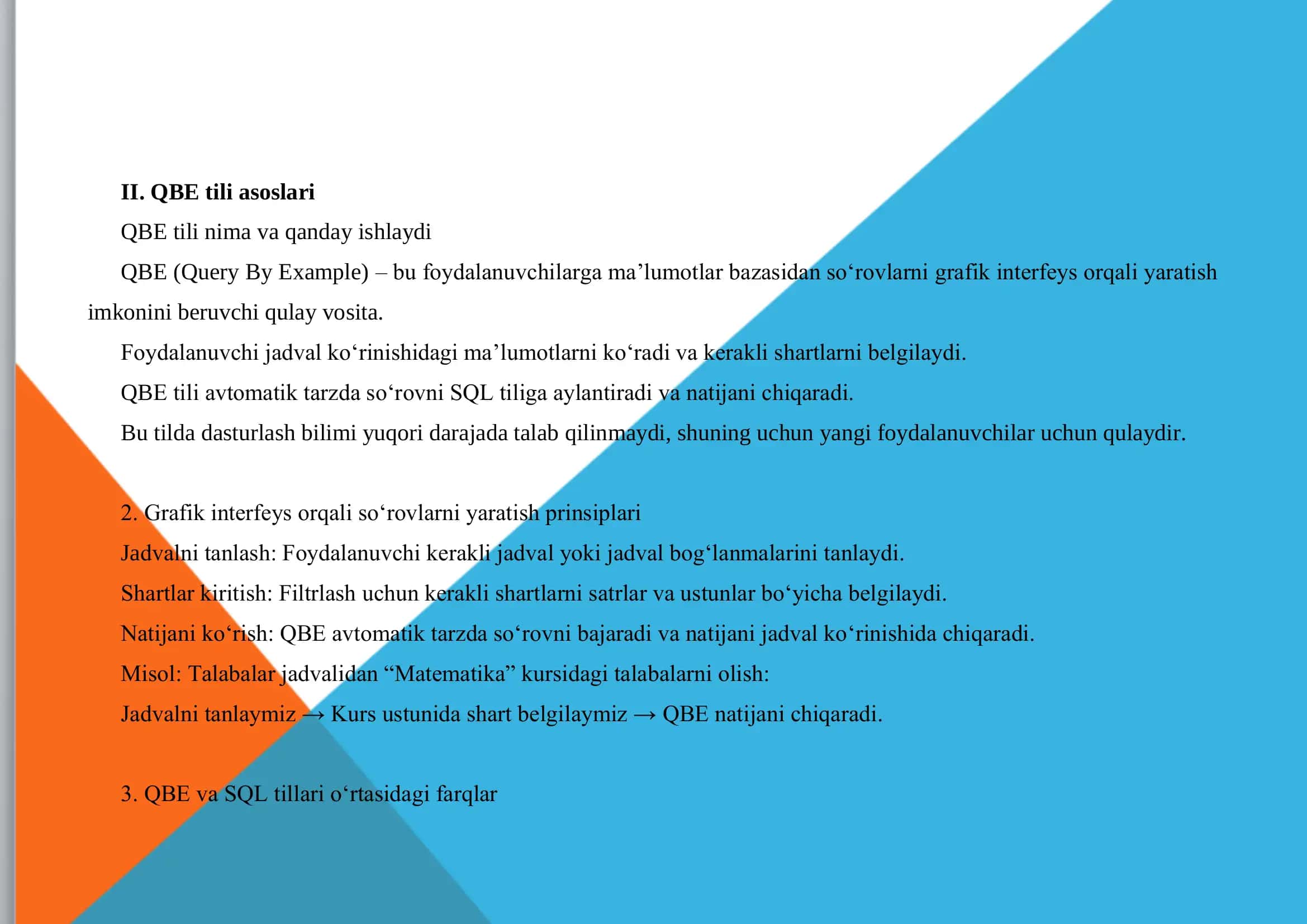 QBE tili orqali ma'lumotlar bilan ishlash 3