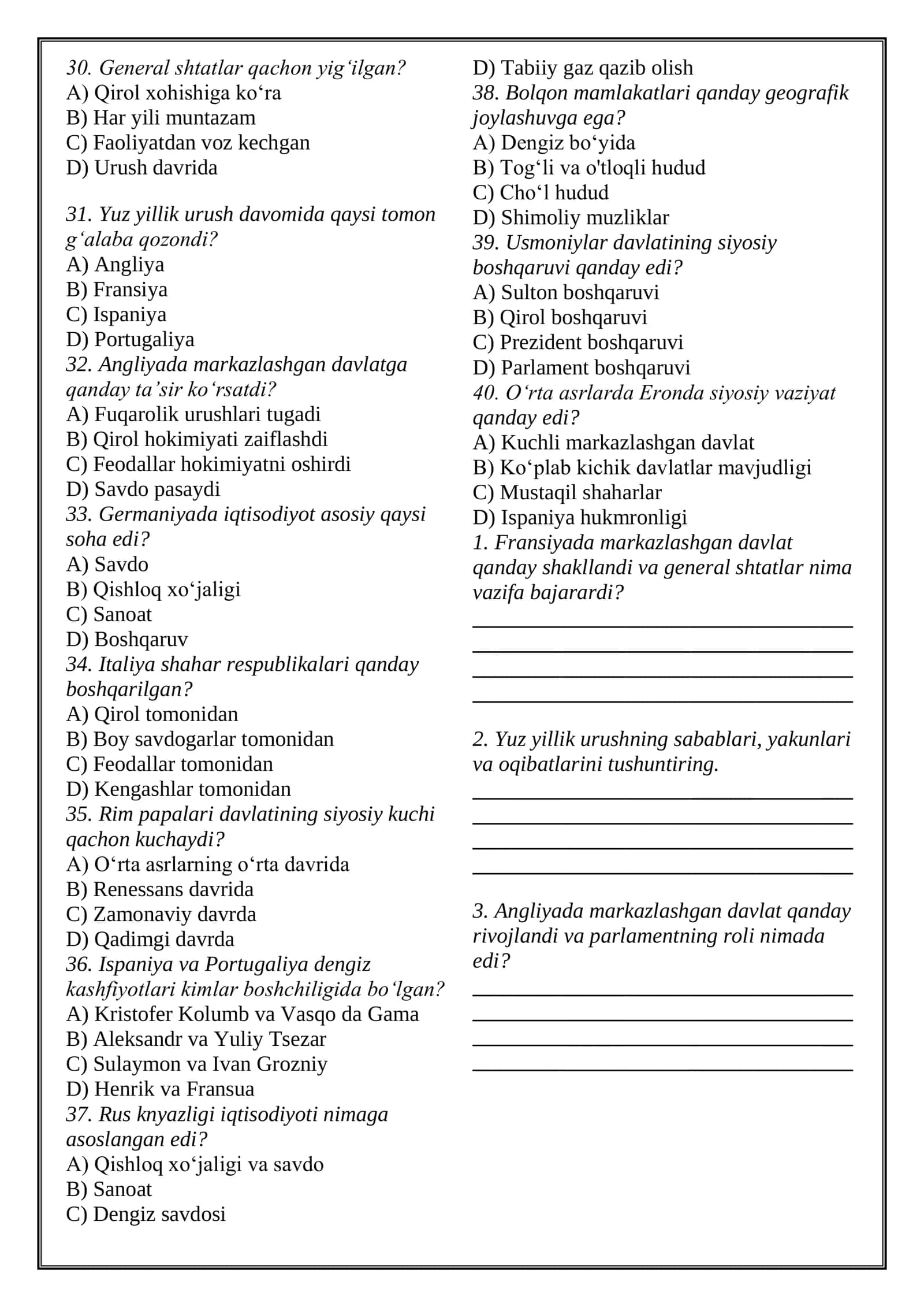 8-sinfga Jahon tarihiga nazorat ishi kitobchasi YANGI DARSLIK 3