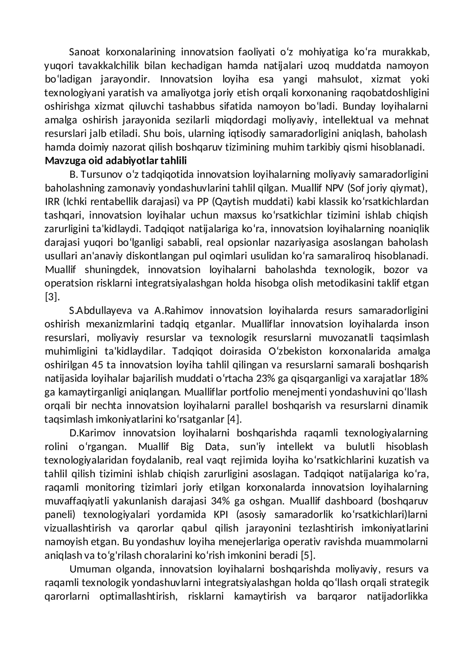 INNOVATSION LOYIHALARNI BOSHQARISHDA IQTISODIY SAMARADORLIK KO‘RSATKICHLARINI SHAKLLANTIRISH VA TAHLIL QILISH 3