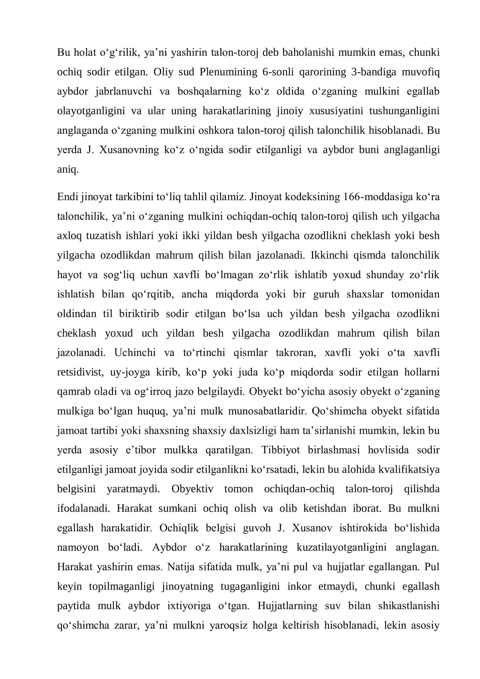 O‘zbekiston Respublikasi Jinoyat kodeksining 166-moddasi kazus 3